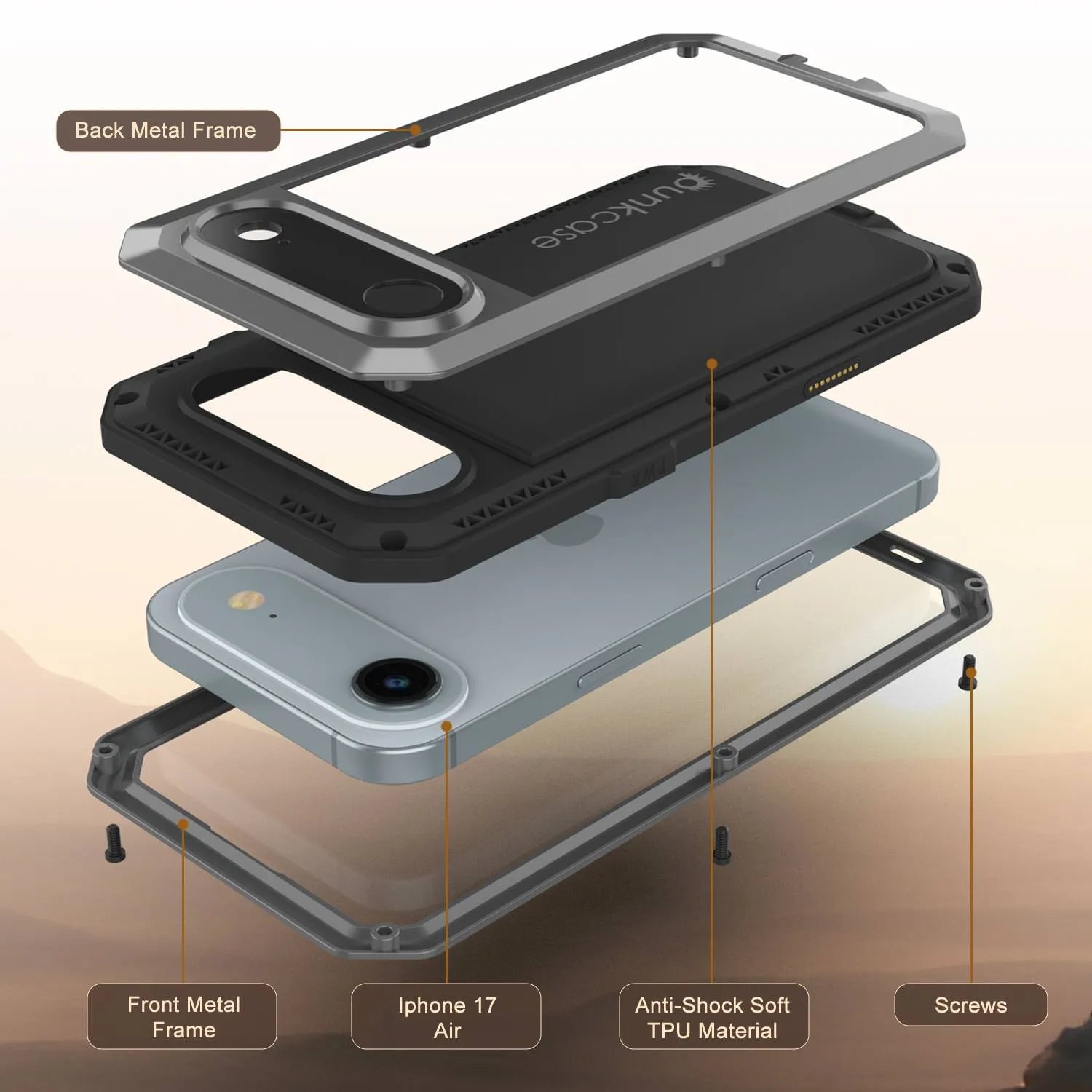 iPhone 17 Air Metal Case, Heavy Duty Military Grade Armor Cover [shock proof] Full Body Hard [Silver]
