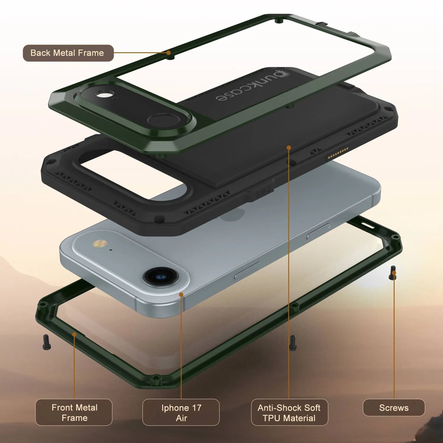 iPhone 17 Air Metal Case, Heavy Duty Military Grade Armor Cover [shock proof] Full Body Hard [Dark Green]