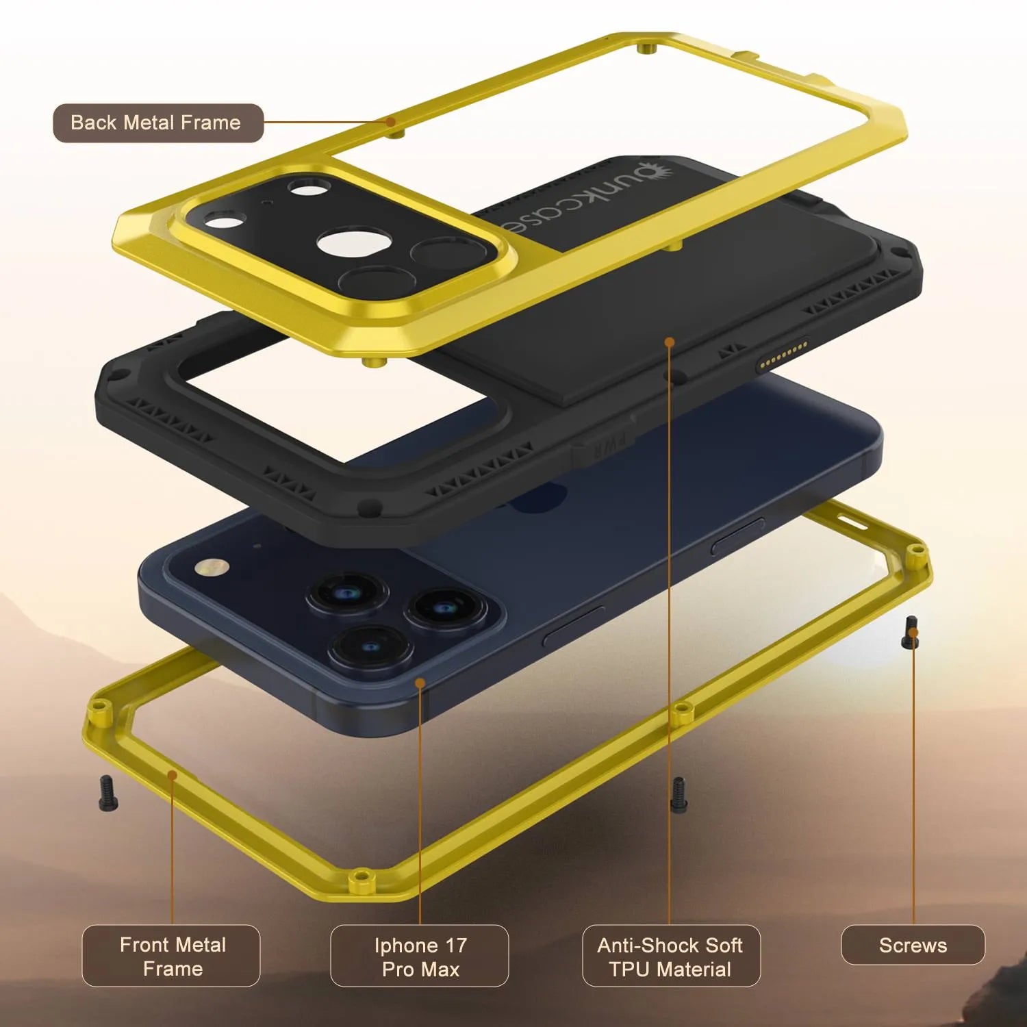 iPhone 17 Pro Max Metal Case, Heavy Duty Military Grade Armor Cover [shock proof] Full Body Hard [Yellow]