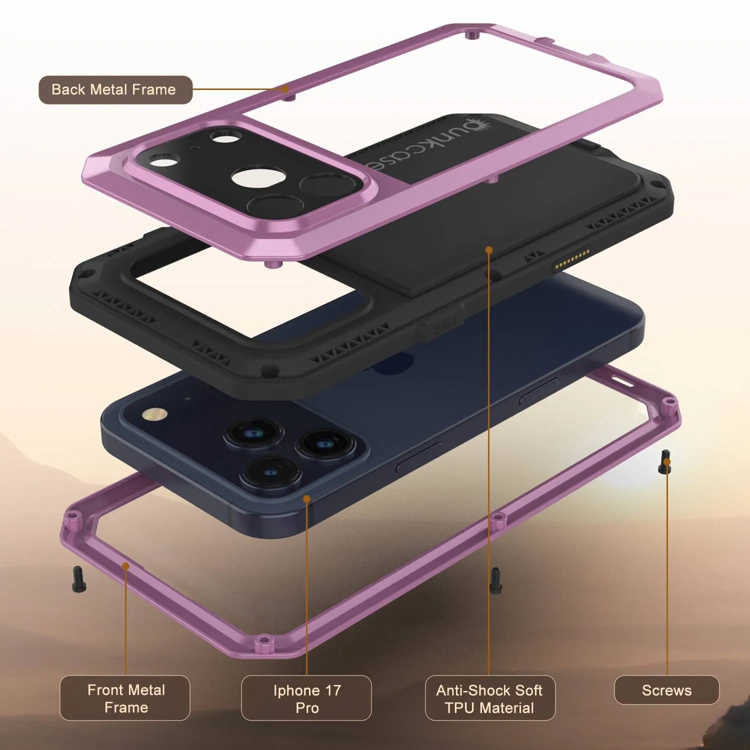 iPhone 17 Pro Metal Case, Heavy Duty Military Grade Armor Cover [shock proof] Full Body Hard [Pink]