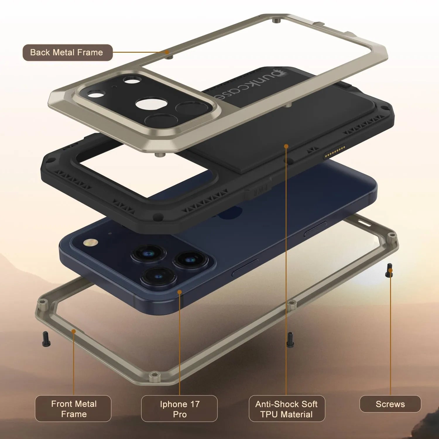 iPhone 17 Pro Metal Case, Heavy Duty Military Grade Armor Cover [shock proof] Full Body Hard [Gold]