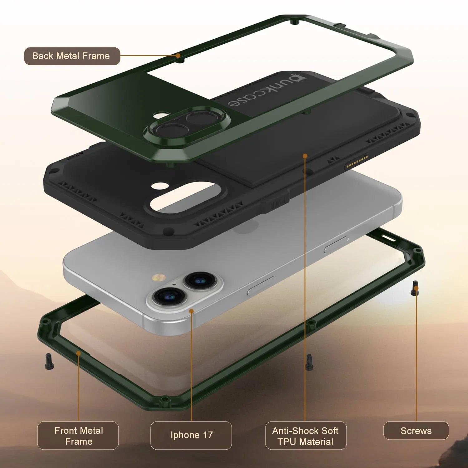 iPhone 17 Metal Case, Heavy Duty Military Grade Armor Cover [shock proof] Full Body Hard [Dark Green]