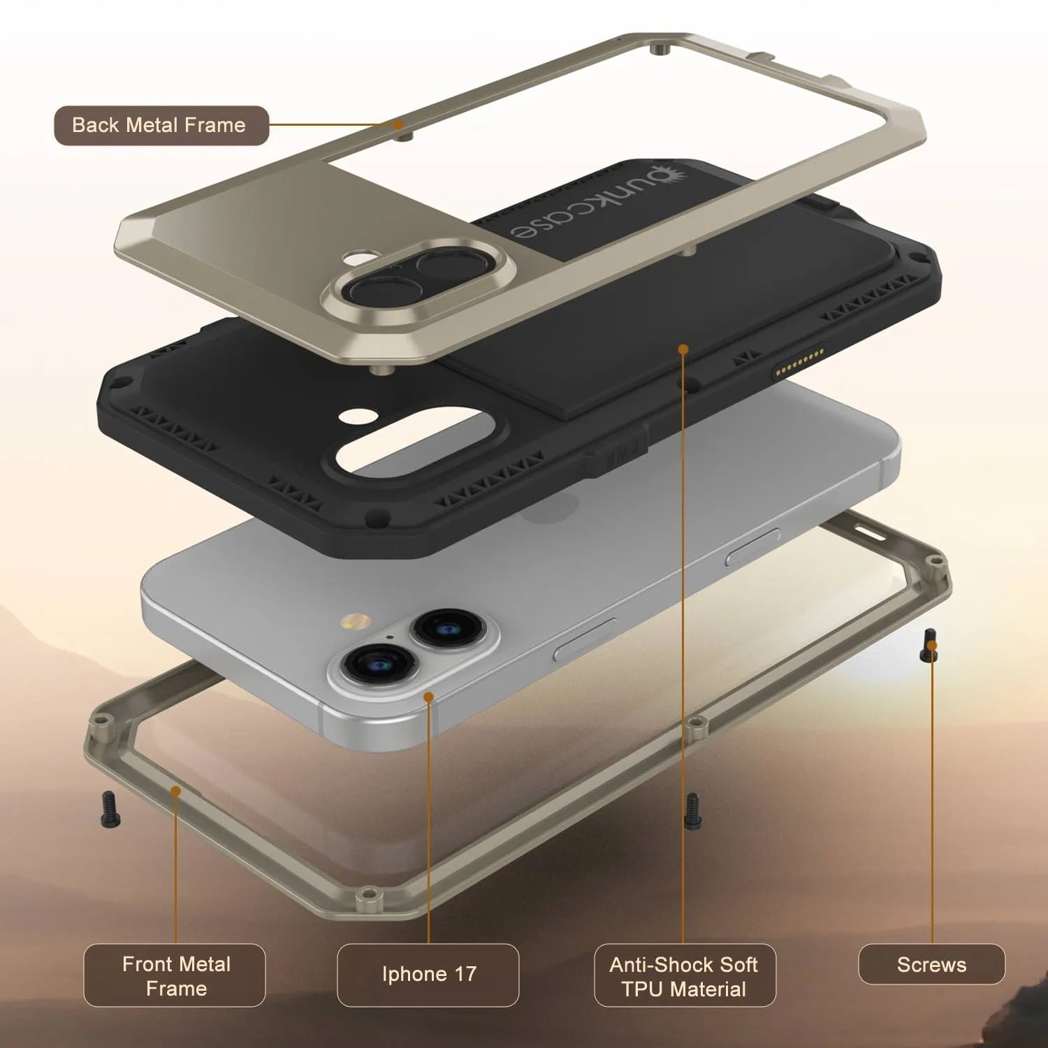 iPhone 17 Metal Case, Heavy Duty Military Grade Armor Cover [shock proof] Full Body Hard [Gold]