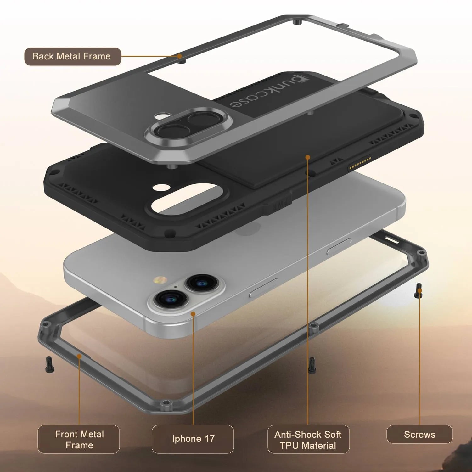 iPhone 17 Metal Case, Heavy Duty Military Grade Armor Cover [shock proof] Full Body Hard [Silver]