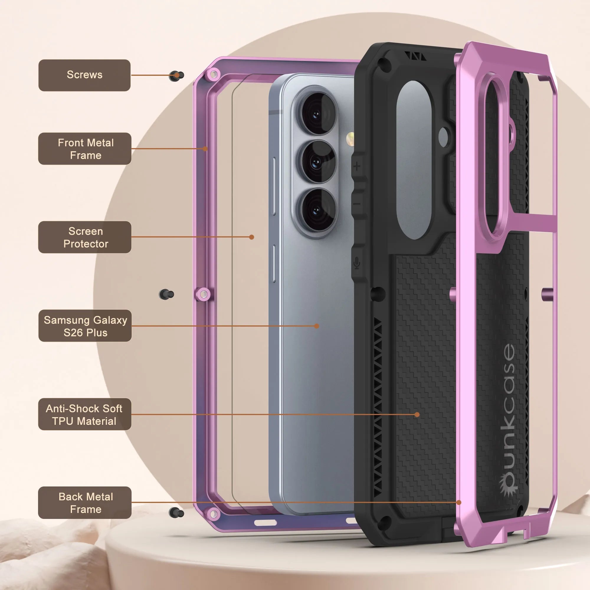 Galaxy S26 Plus Metal Case, Heavy Duty Military Grade Armor Cover [shock proof] Full Body Hard [Pink]