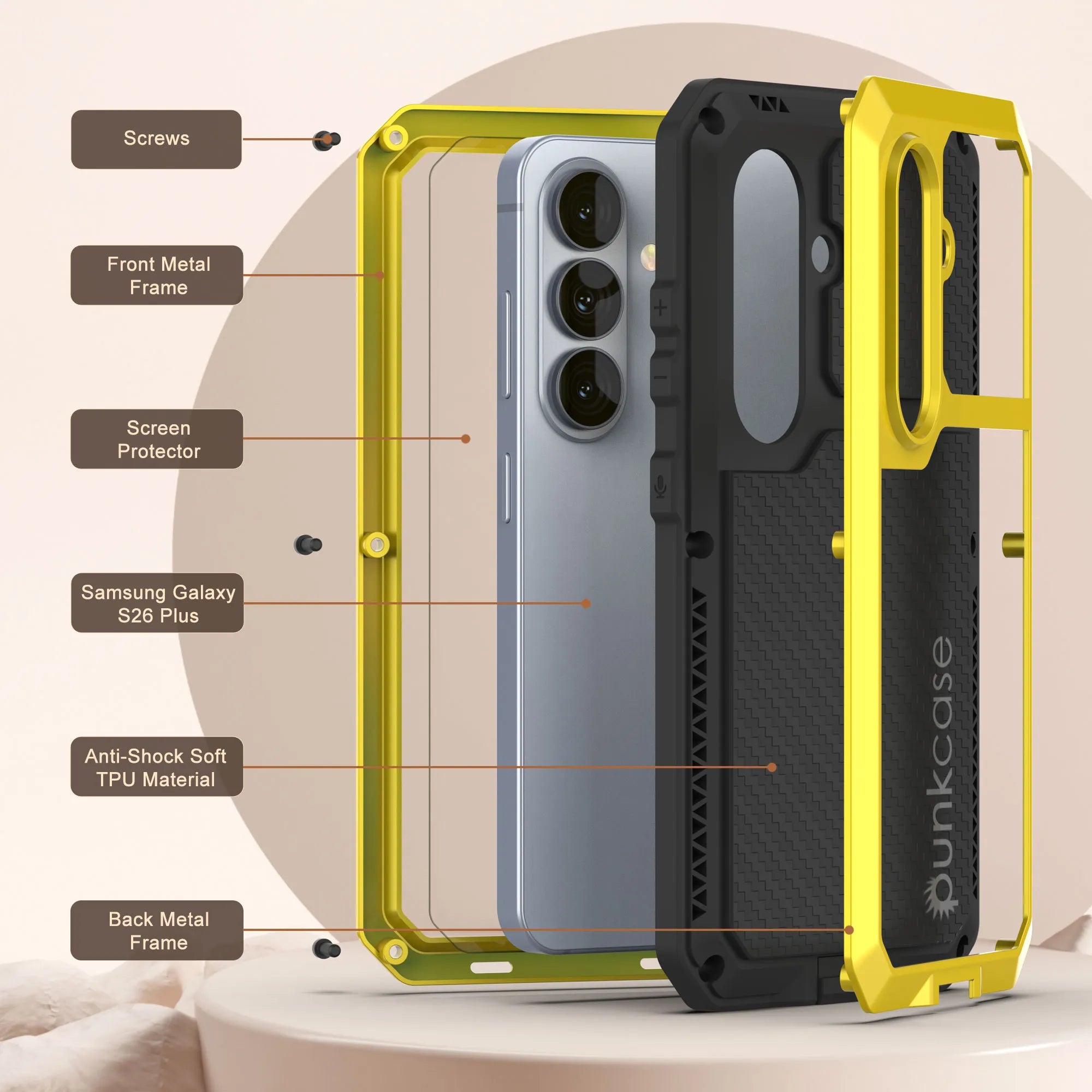 Galaxy S26 Plus Metal Case, Heavy Duty Military Grade Armor Cover [shock proof] Full Body Hard [Yellow]