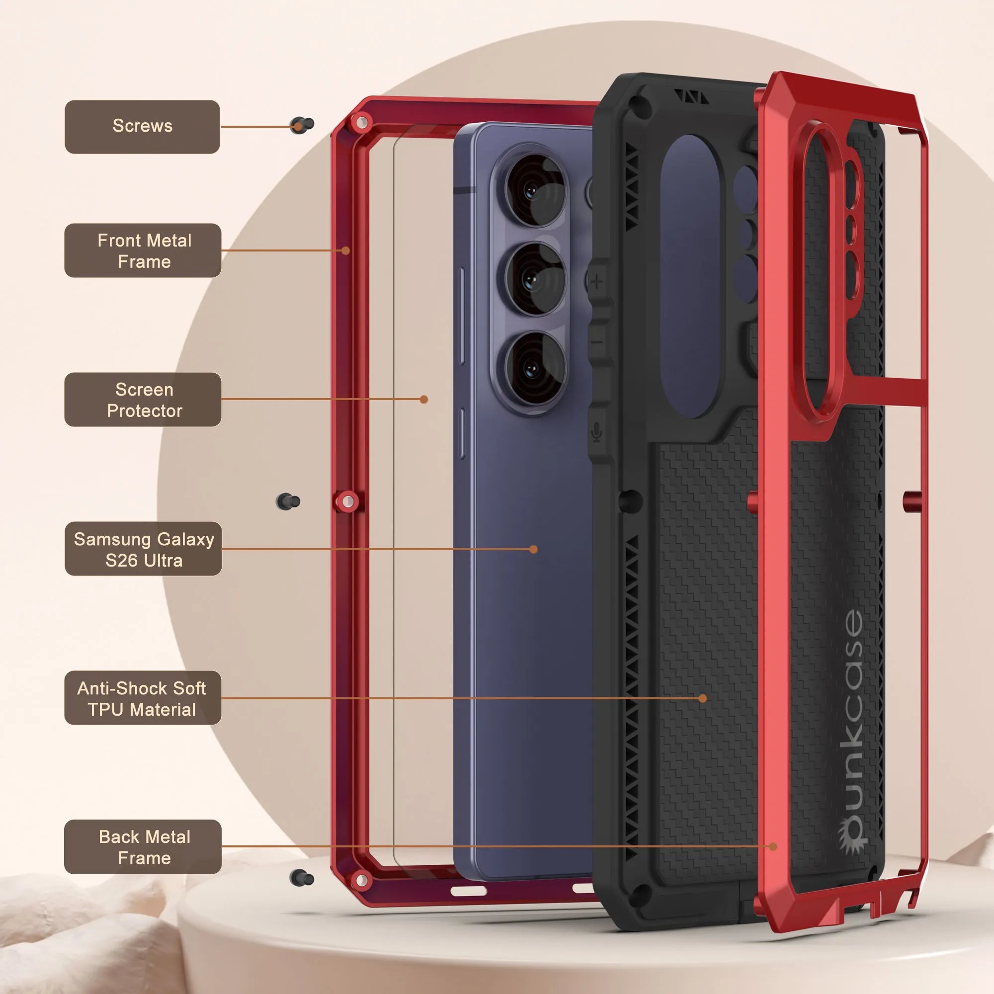 Galaxy S26 Ultra Metal Case, Heavy Duty Military Grade Armor Cover [shock proof] Full Body Hard [Red]