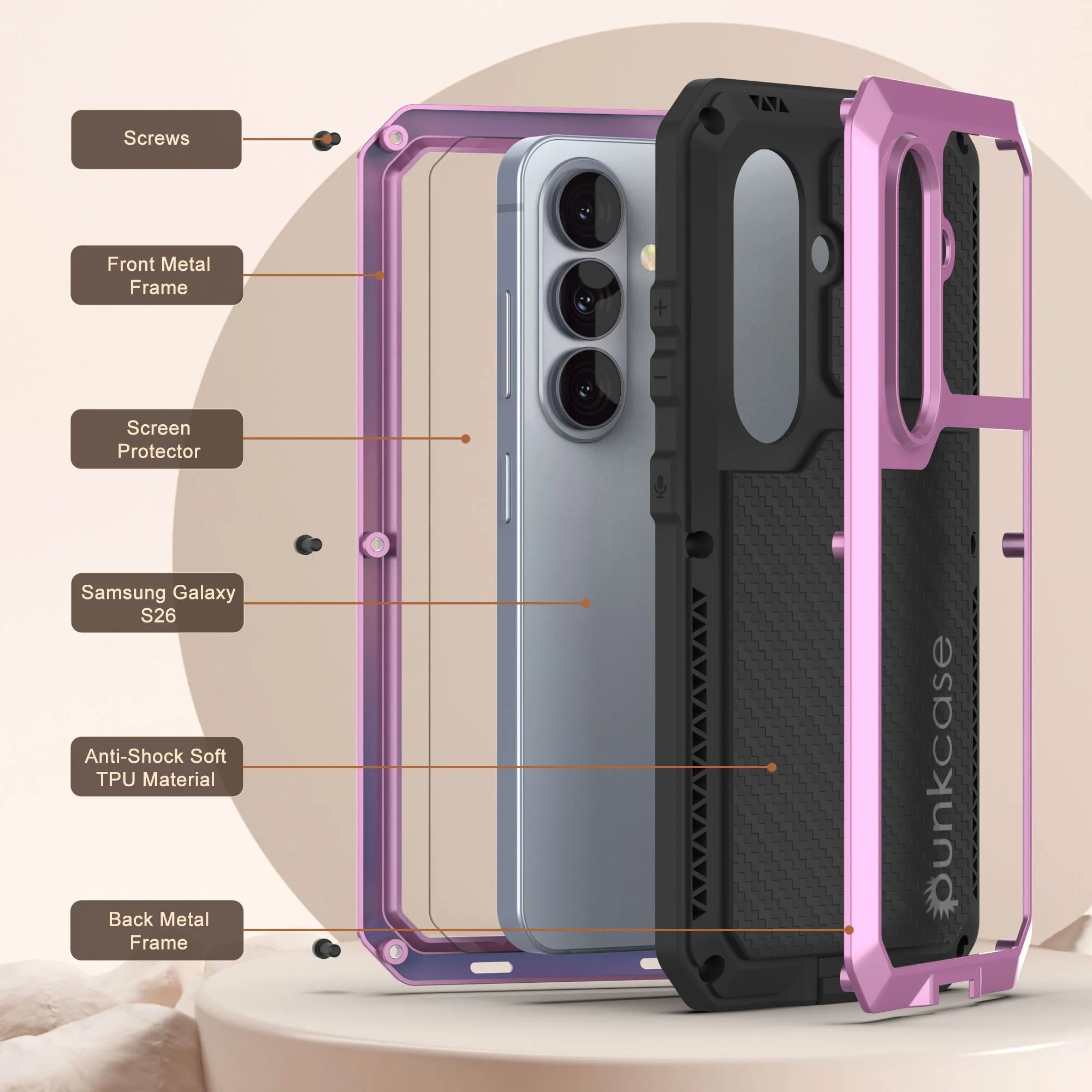 Galaxy S26 Metal Case, Heavy Duty Military Grade Armor Cover [shock proof] Full Body Hard [Pink]