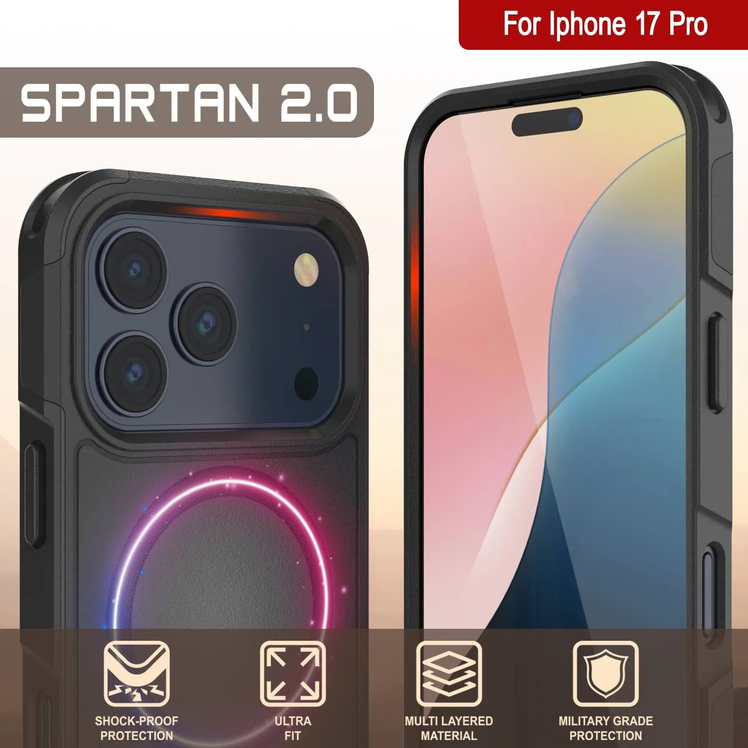 PunkCase iPhone 17 Pro Case, [Spartan 2.0 Series] Clear Rugged Heavy Duty Cover W/Built in Screen Protector [Black]