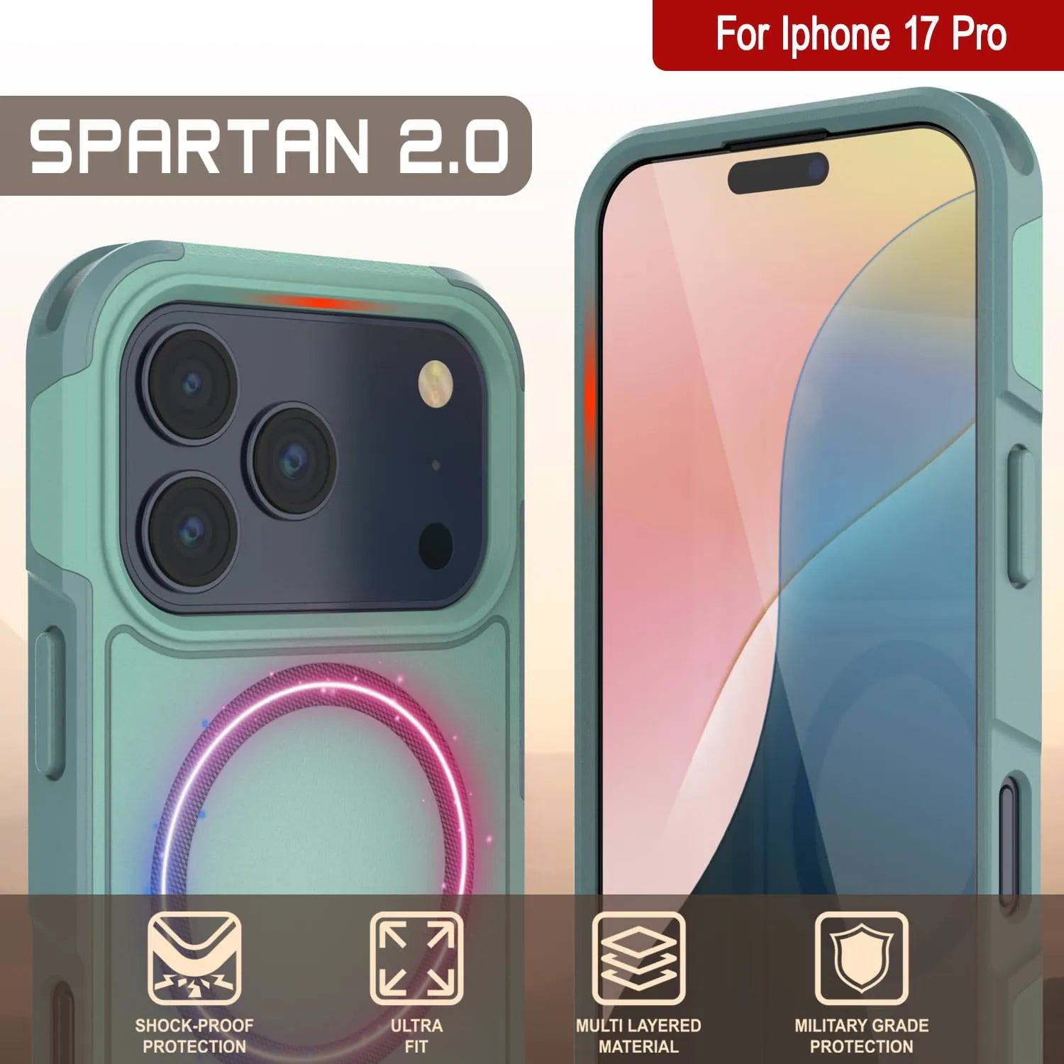PunkCase iPhone 17 Pro Case, [Spartan 2.0 Series] Clear Rugged Heavy Duty Cover W/Built in Screen Protector [teal]