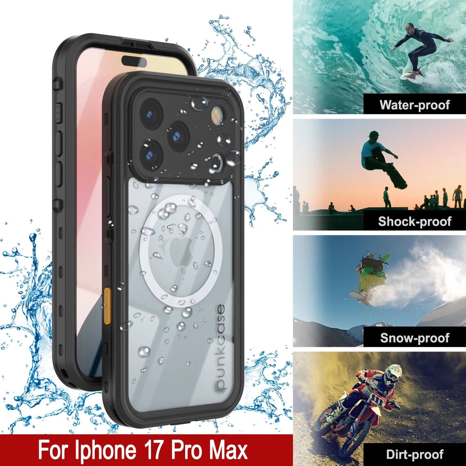 iPhone 17 Pro Max Waterproof IP68 Case, Punkcase [Black] [StudStar Series] [Slim Fit]