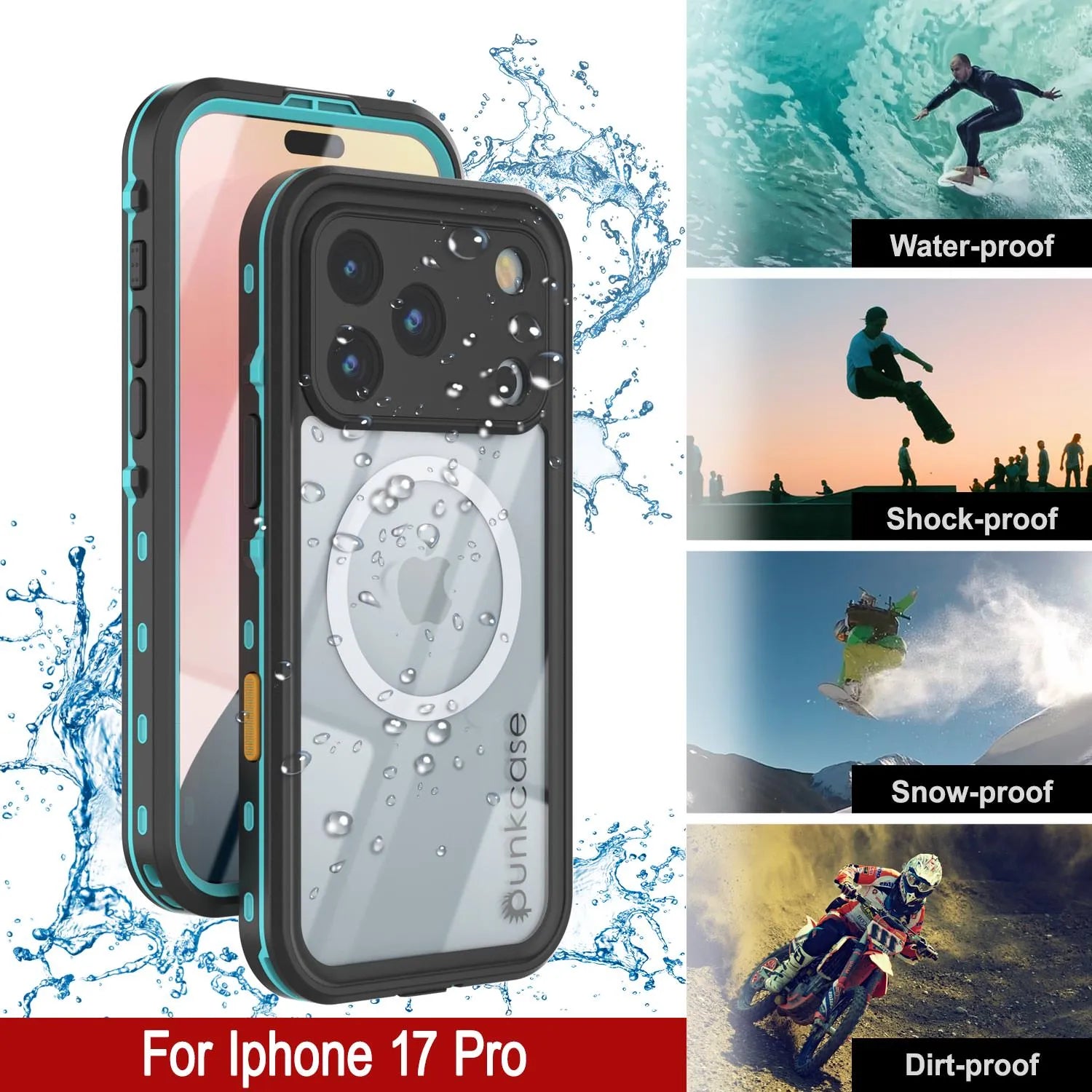 iPhone 17 Pro Waterproof IP68 Case, Punkcase [Teal] [StudStar Series] [Slim Fit]