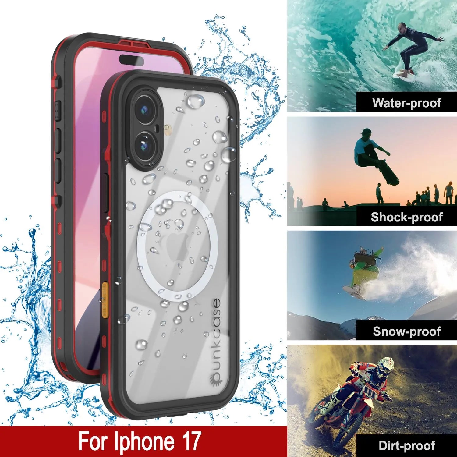 iPhone 17 Waterproof IP68 Case, Punkcase [Red] [StudStar Series] [Slim Fit]
