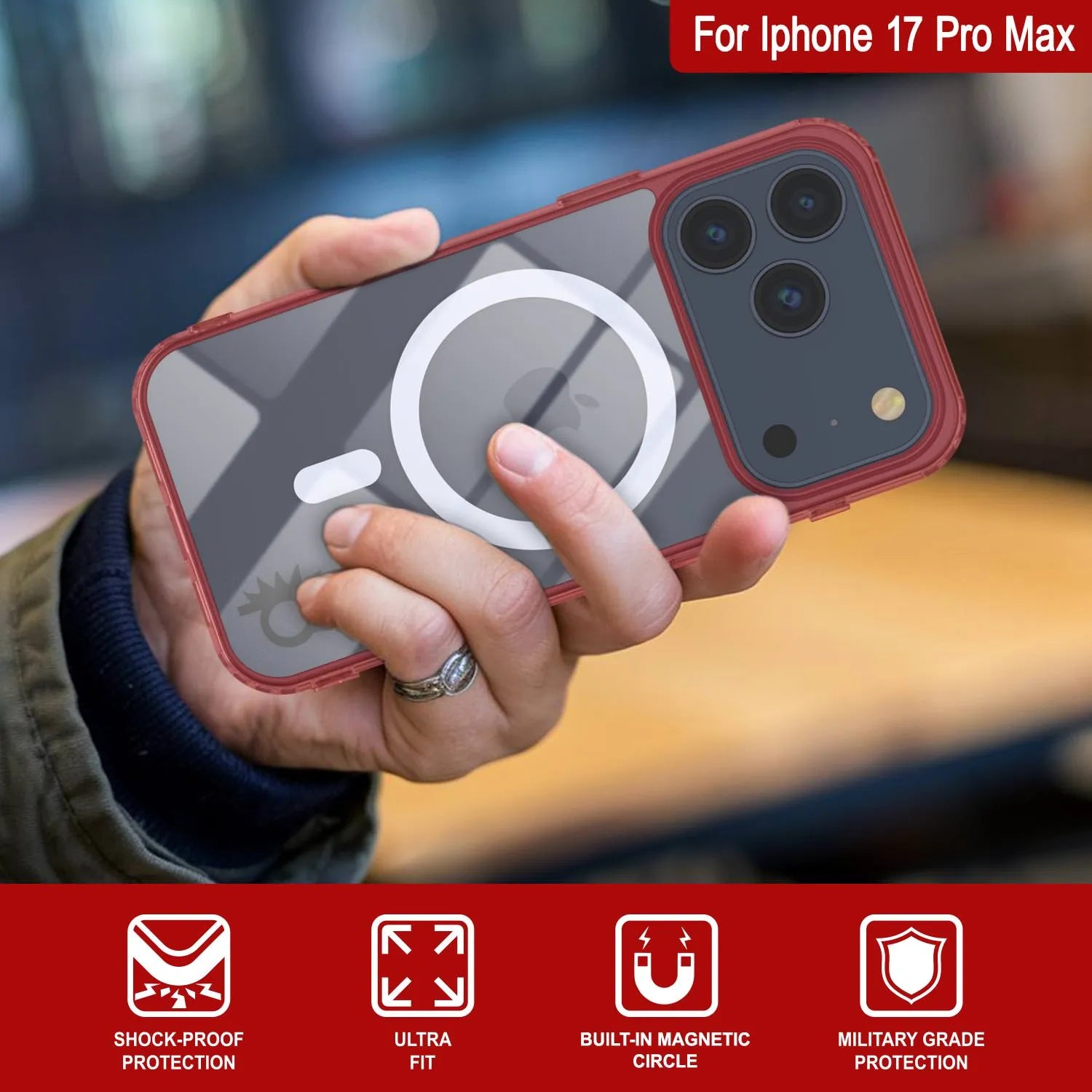 Punkcase iPhone 17 Pro Max Magnetic Wireless Charging Case [ClearMag Series][Red]