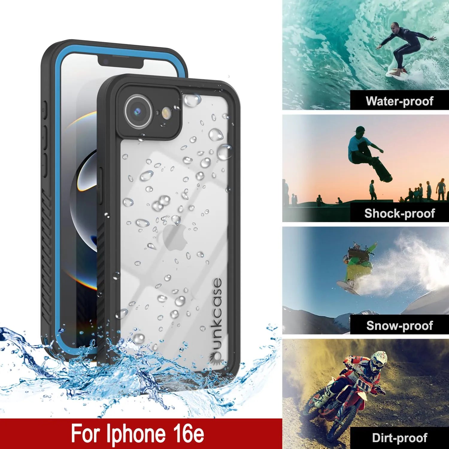 iPhone 16e Waterproof Case, Punkcase [Extreme Series] Armor Cover W/ Built In Screen Protector [Light Blue]