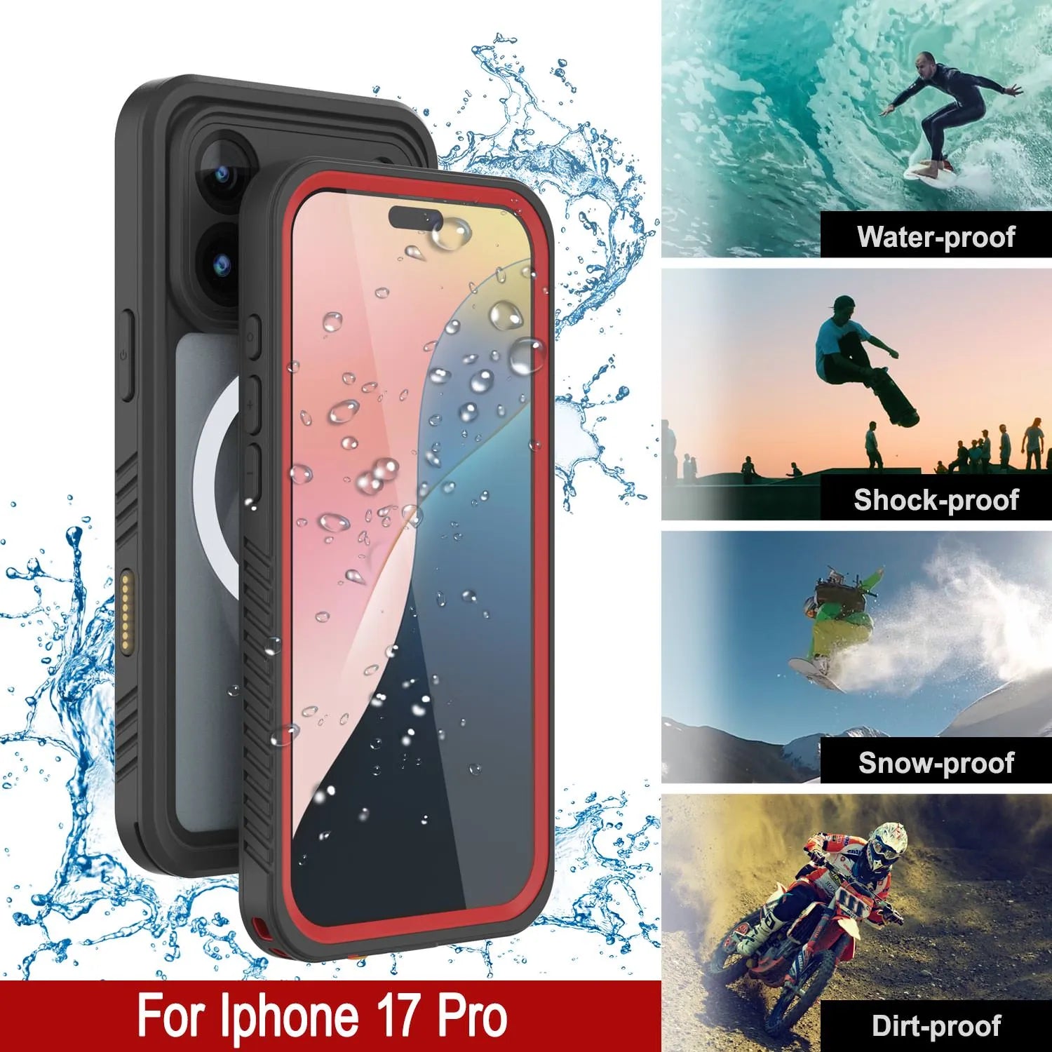 iPhone 17 Pro Waterproof Case, Punkcase [Extreme Mag Series] Armor Cover W/ Built In Screen Protector [Red]