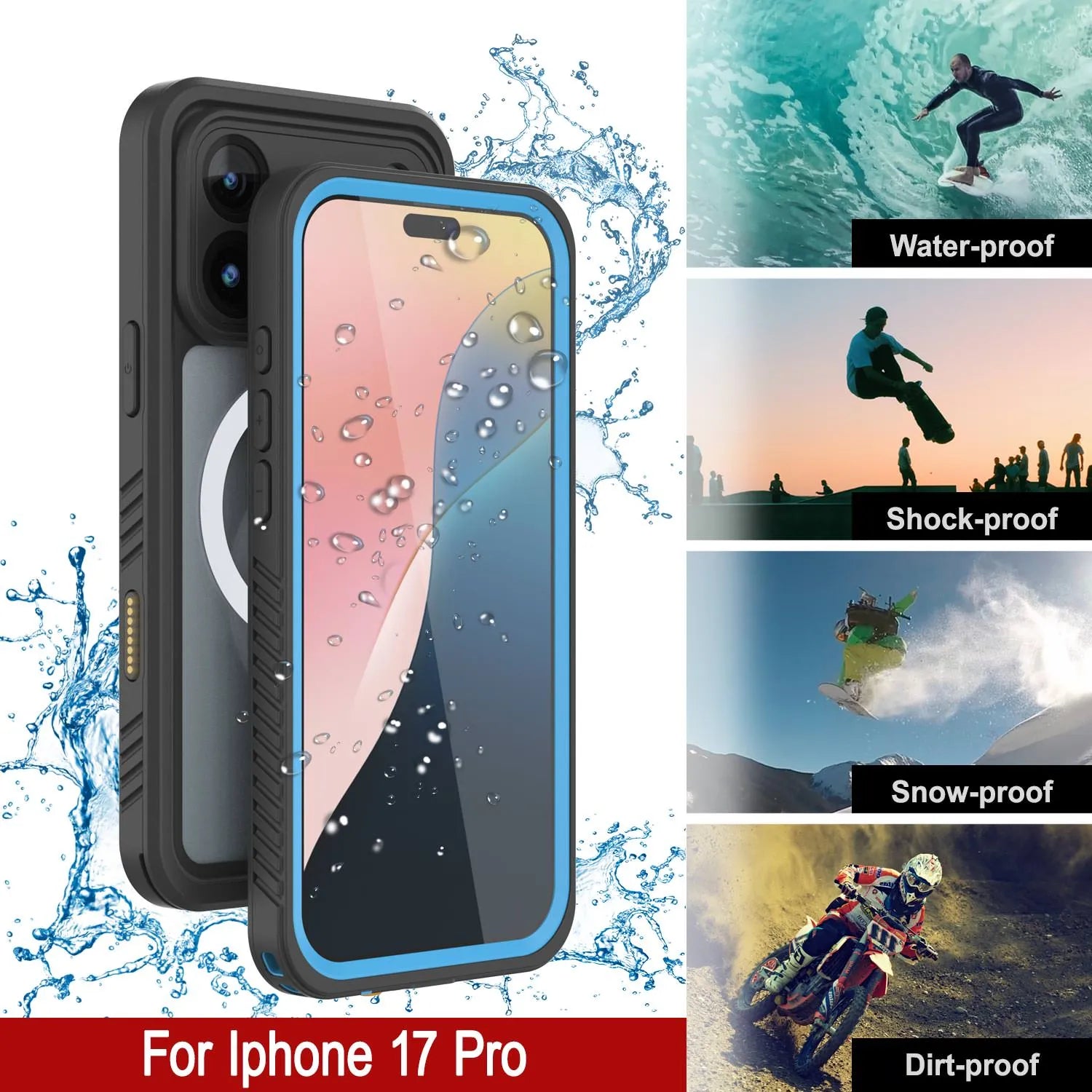 iPhone 17 Pro Waterproof Case, Punkcase [Extreme Series] Armor Cover W/ Built In Screen Protector [Light Blue]