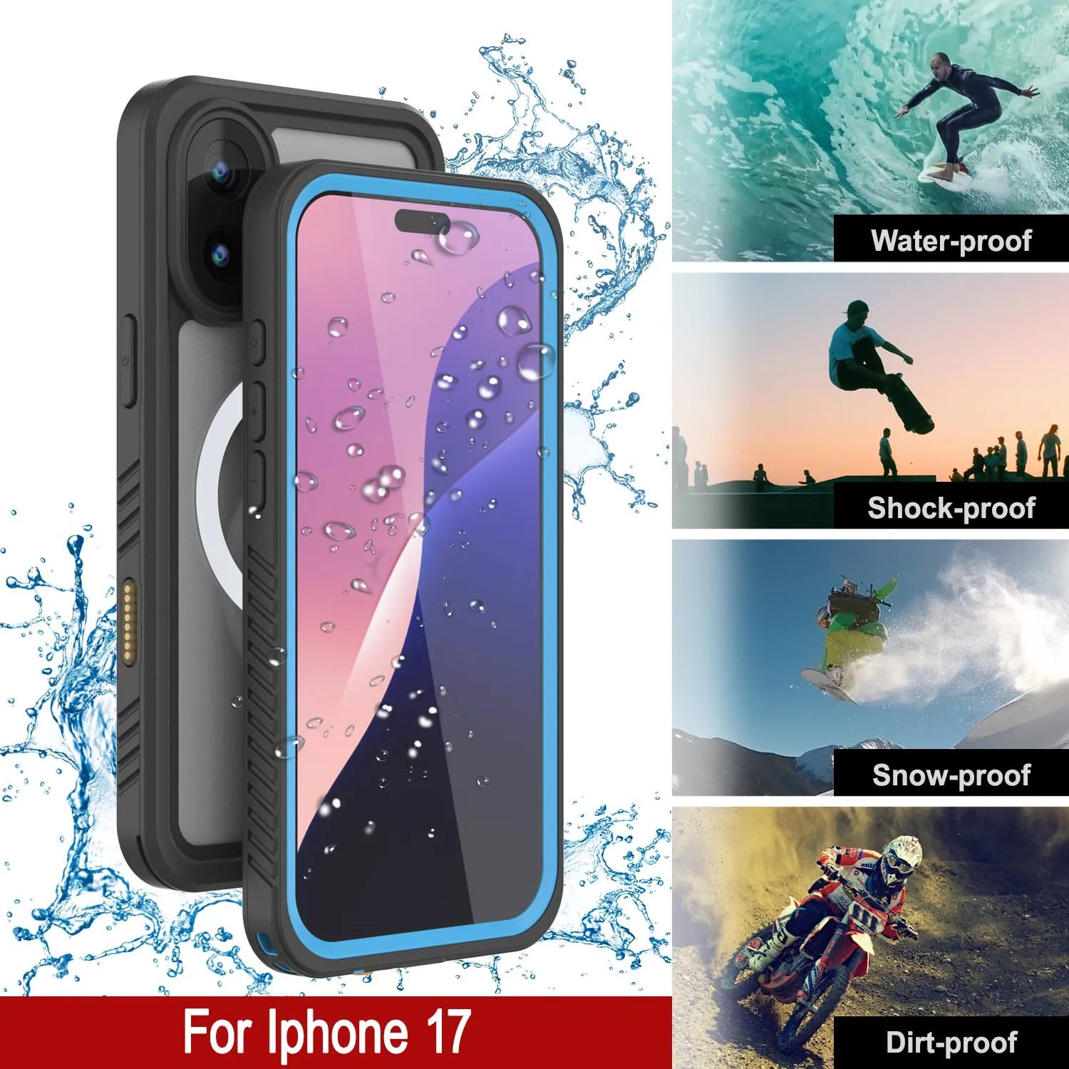 iPhone 17 Waterproof Case, Punkcase [Extreme Series] Armor Cover W/ Built In Screen Protector [Light Blue]