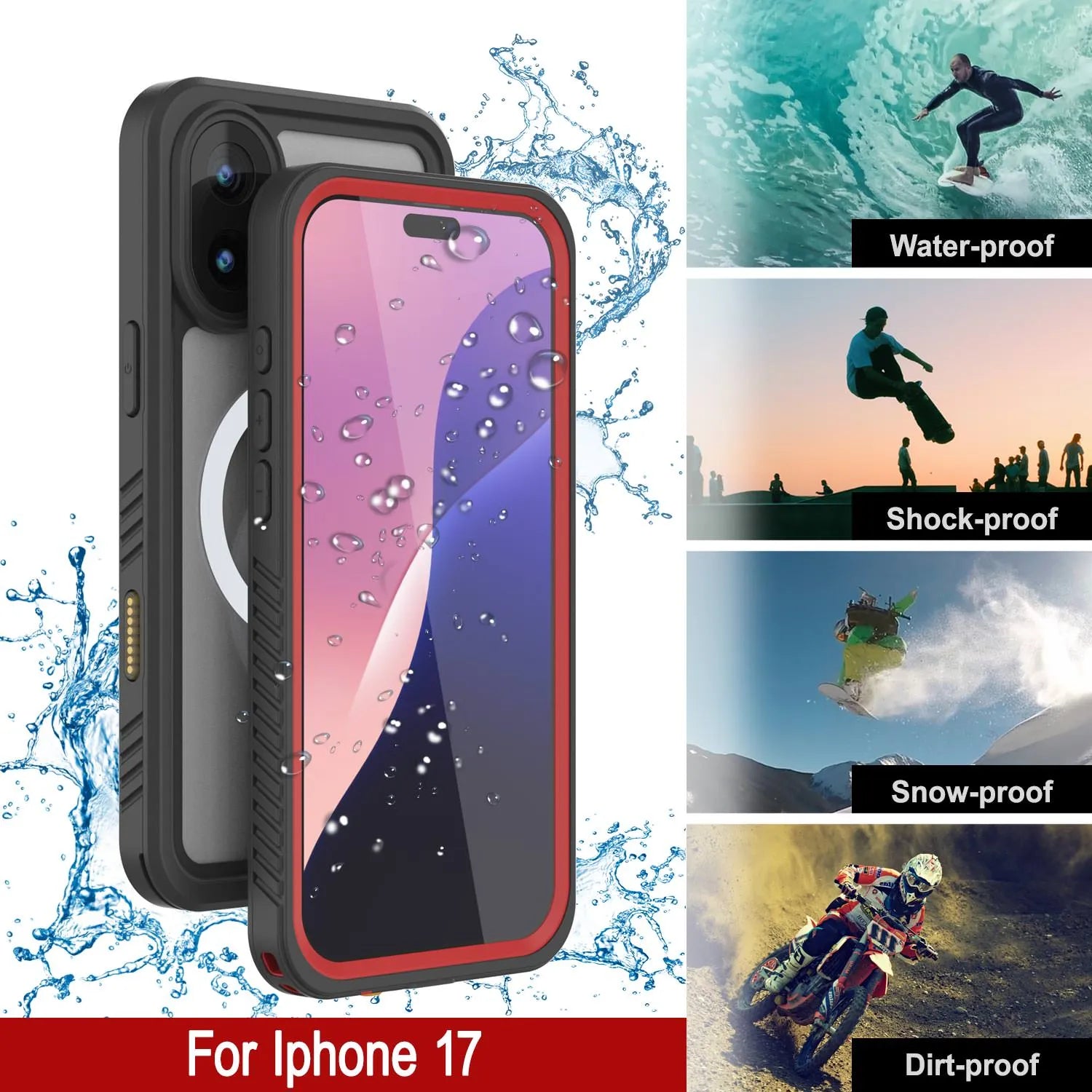 iPhone 17  Waterproof Case, Punkcase [Extreme Mag Series] Armor Cover W/ Built In Screen Protector [Red]