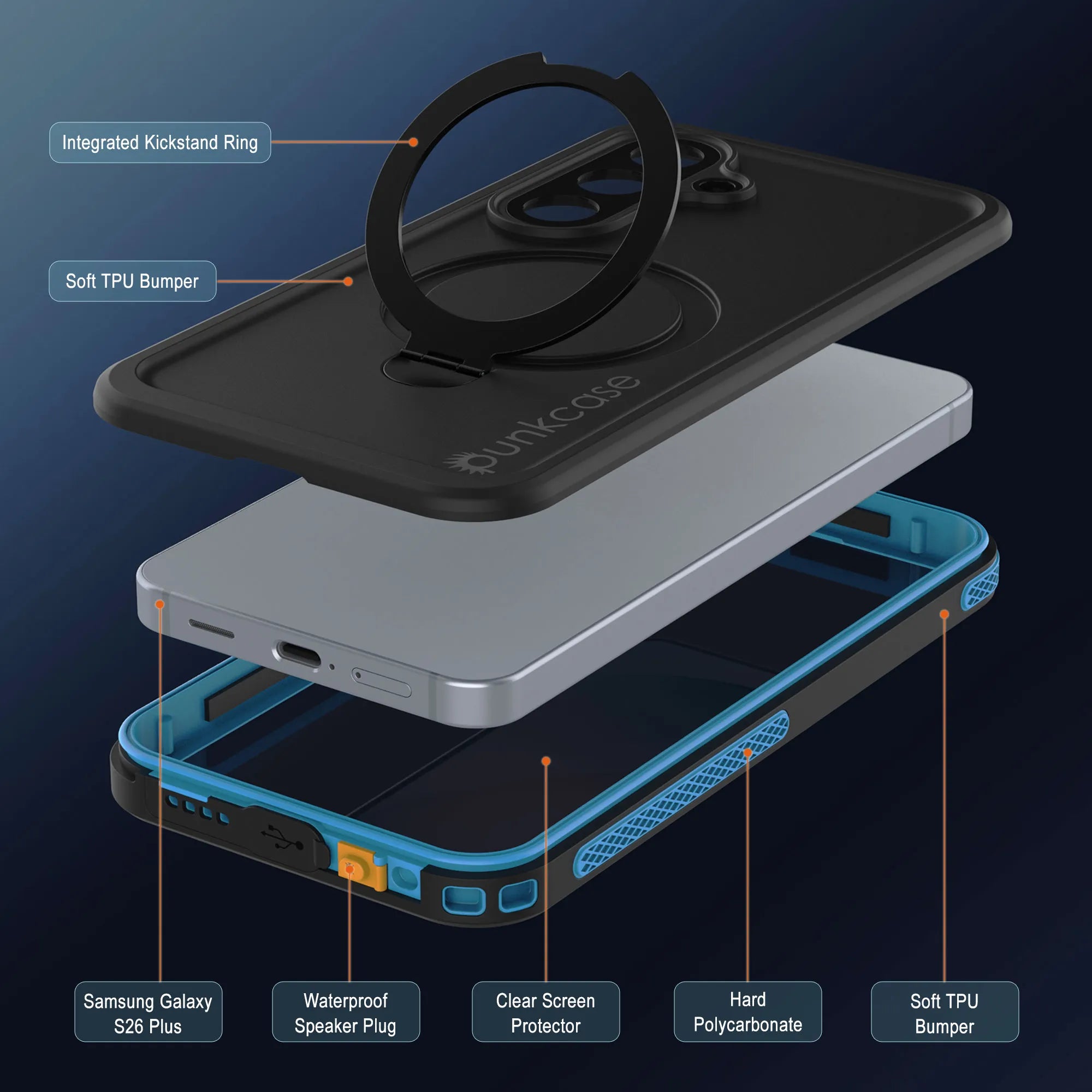 Galaxy S26 Plus Waterproof Case [Kickstud 2.0 Series] Protective IP68 Cover W/Screen Protector & Kickstand [Blue]