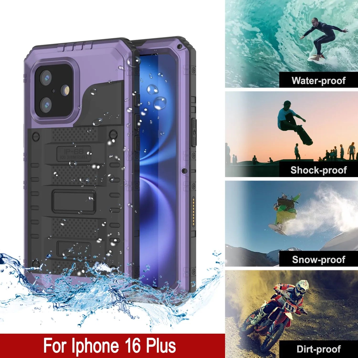 iPhone 16 Plus Metal Extreme 3.0 Series Aluminum Waterproof Case IP68 W/Buillt in Screen Protector & Kickstand [Purple]