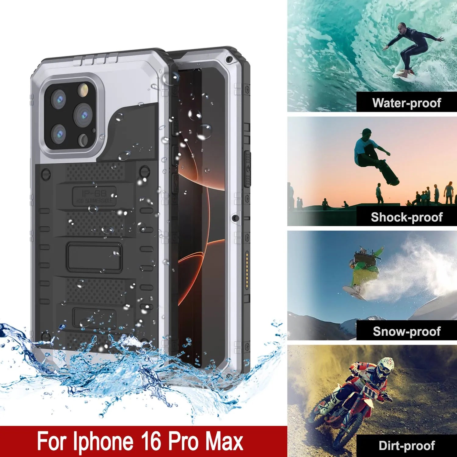 iPhone 16 Pro Max Metal Extreme 3.0 Series Aluminum Waterproof Case IP68 W/Buillt in Screen Protector & Kickstand [White]