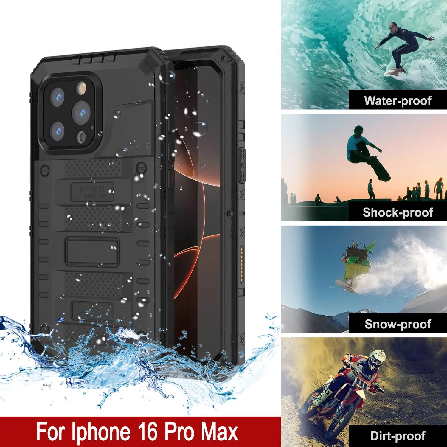 iPhone 16 Pro Max Metal Extreme 3.0 Series Aluminum Waterproof Case IP68 W/Buillt in Screen Protector & Kickstand [Black]