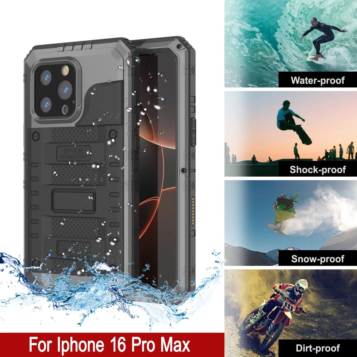 iPhone 16 Pro Max Metal Extreme 3.0 Series Aluminum Waterproof Case IP68 W/Buillt in Screen Protector & Kickstand [Silver]