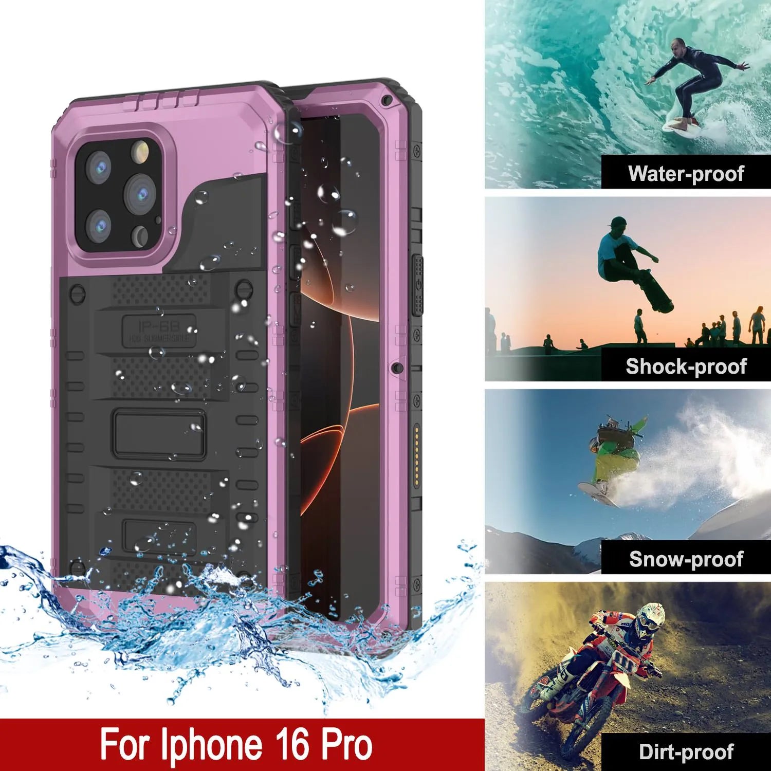 iPhone 16 Pro Metal Extreme 3.0 Series Aluminum Waterproof Case IP68 W/Buillt in Screen Protector & Kickstand [Pink]