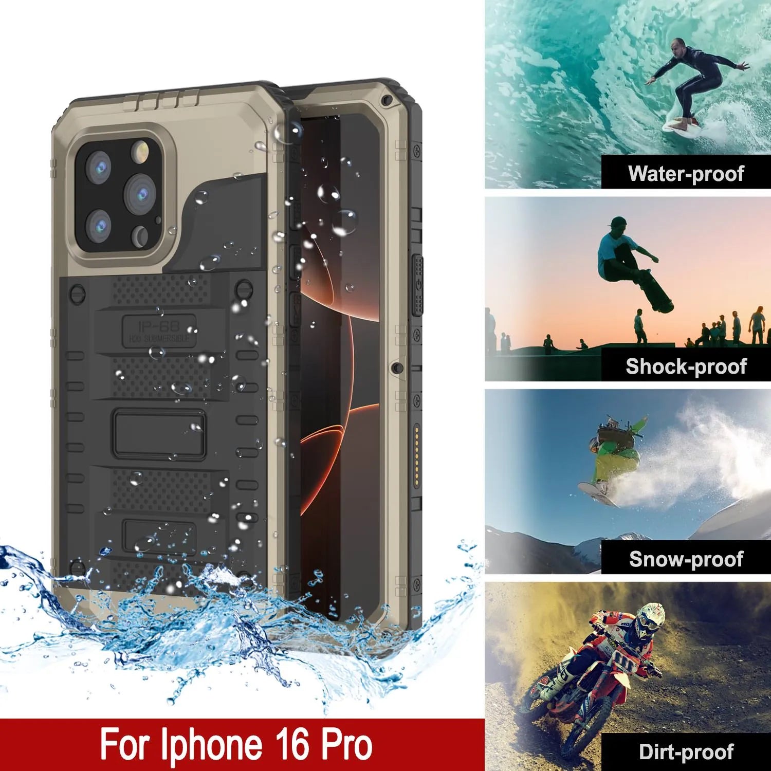 iPhone 16 Pro Metal Extreme 3.0 Series Aluminum Waterproof Case IP68 W/Buillt in Screen Protector & Kickstand [Gold]