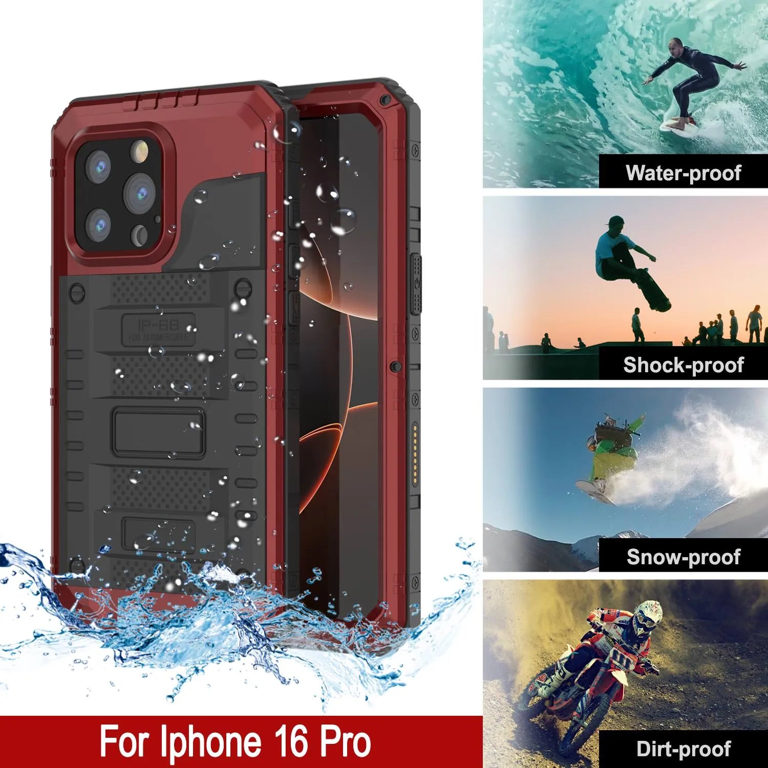 iPhone 16 Pro Metal Extreme 3.0 Series Aluminum Waterproof Case IP68 W/Buillt in Screen Protector & Kickstand [Red]