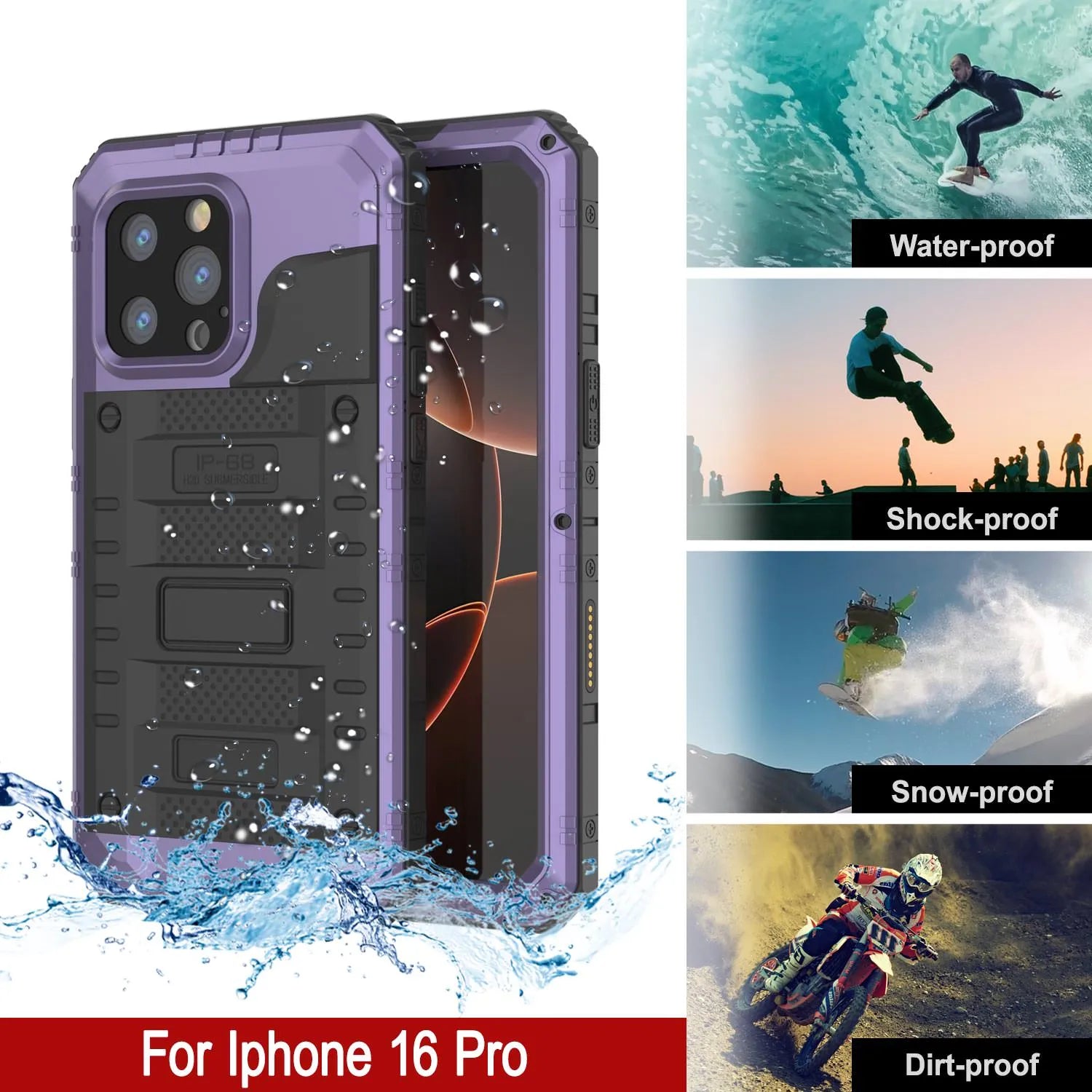iPhone 16 Pro Metal Extreme 3.0 Series Aluminum Waterproof Case IP68 W/Buillt in Screen Protector & Kickstand [Purple]