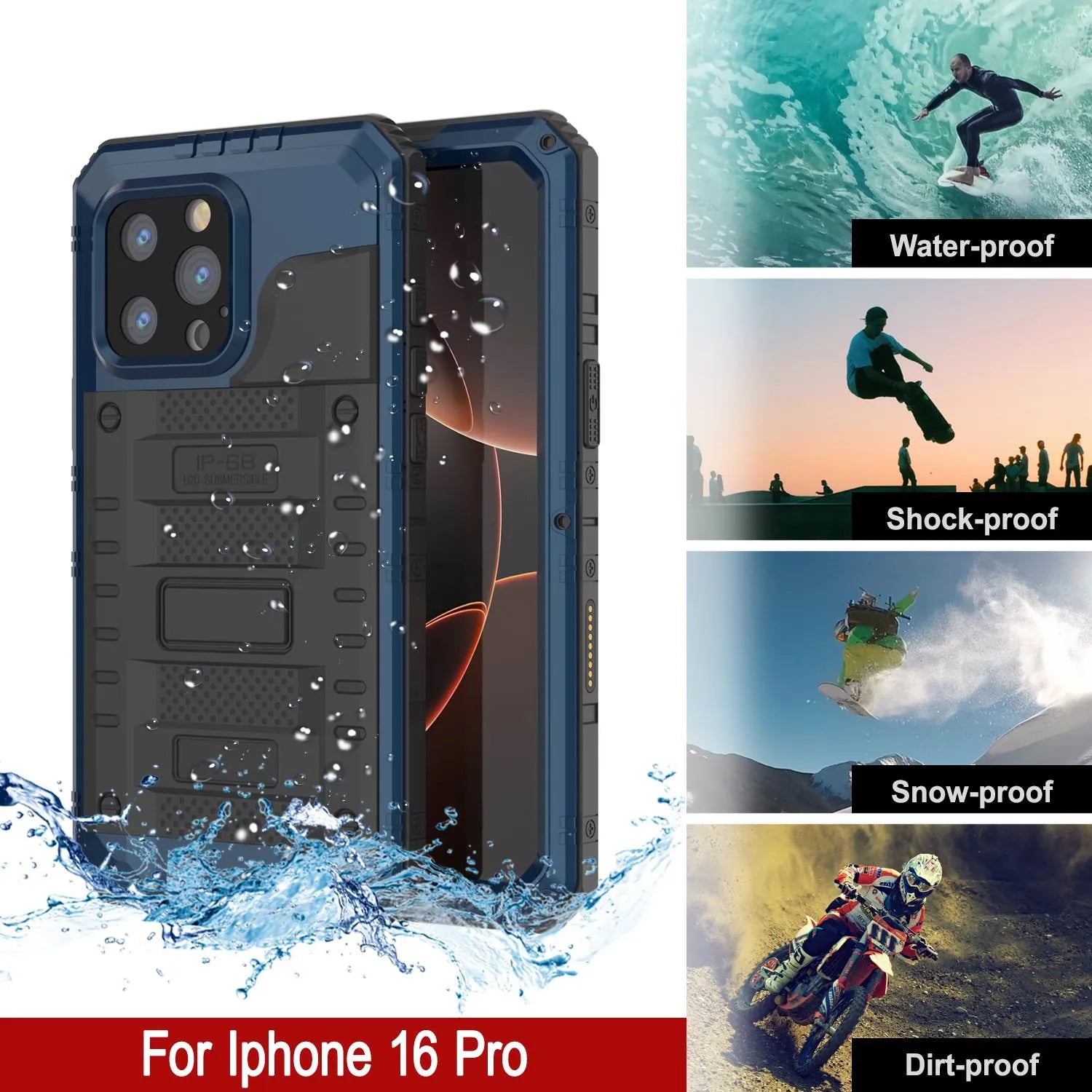 iPhone 16 Pro Metal Extreme 3.0 Series Aluminum Waterproof Case IP68 W/Buillt in Screen Protector & Kickstand [Blue]