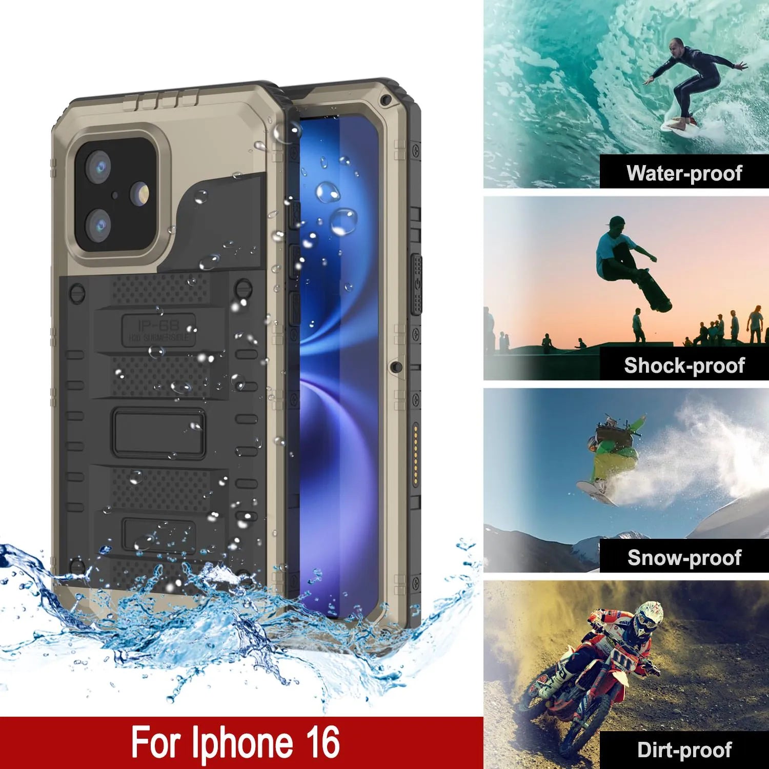 iPhone 16 Metal Extreme 3.0 Series Aluminum Waterproof Case IP68 W/Buillt in Screen Protector & Kickstand [Gold]
