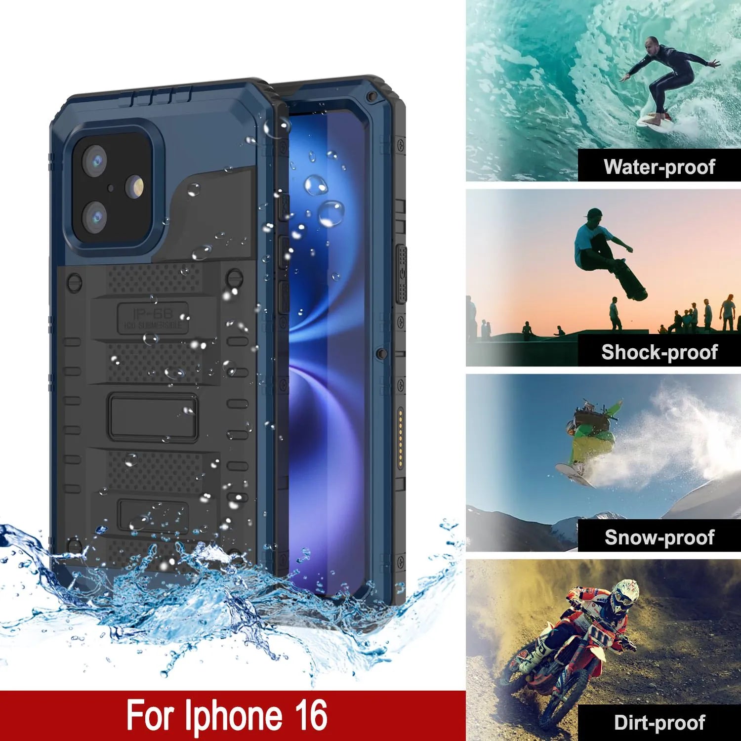 iPhone 16 Metal Extreme 3.0 Series Aluminum Waterproof Case IP68 W/Buillt in Screen Protector & Kickstand [Blue]