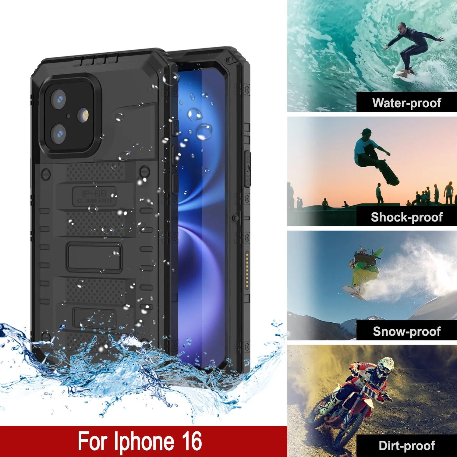 iPhone 16 Metal Extreme 3.0 Series Aluminum Waterproof Case IP68 W/Buillt in Screen Protector & Kickstand [Black]