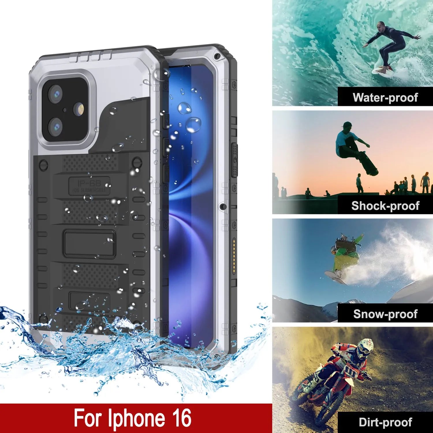 iPhone 16 Metal Extreme 3.0 Series Aluminum Waterproof Case IP68 W/Buillt in Screen Protector & Kickstand [White]