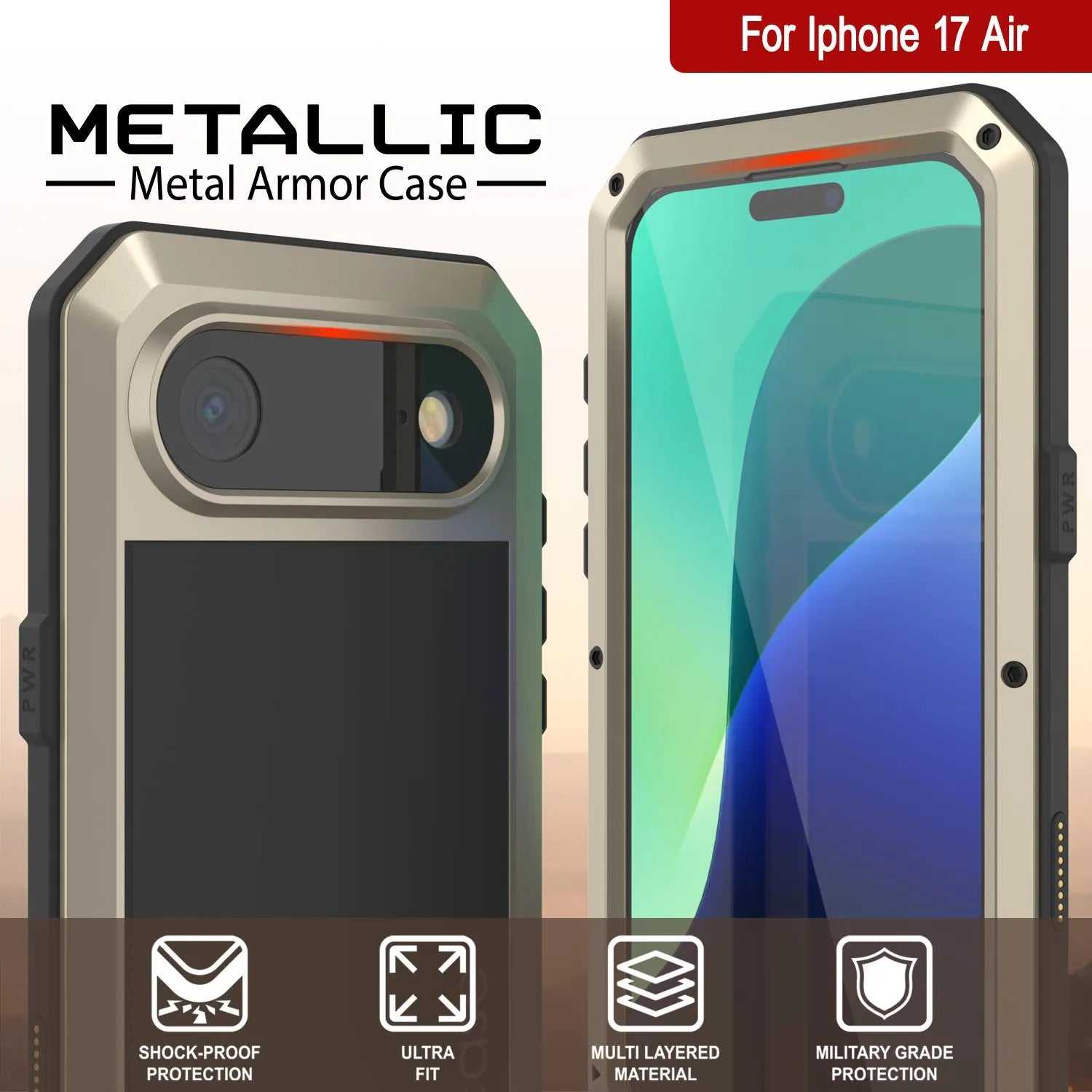 iPhone 17 Air Metal Case, Heavy Duty Military Grade Armor Cover [shock proof] Full Body Hard [Gold]