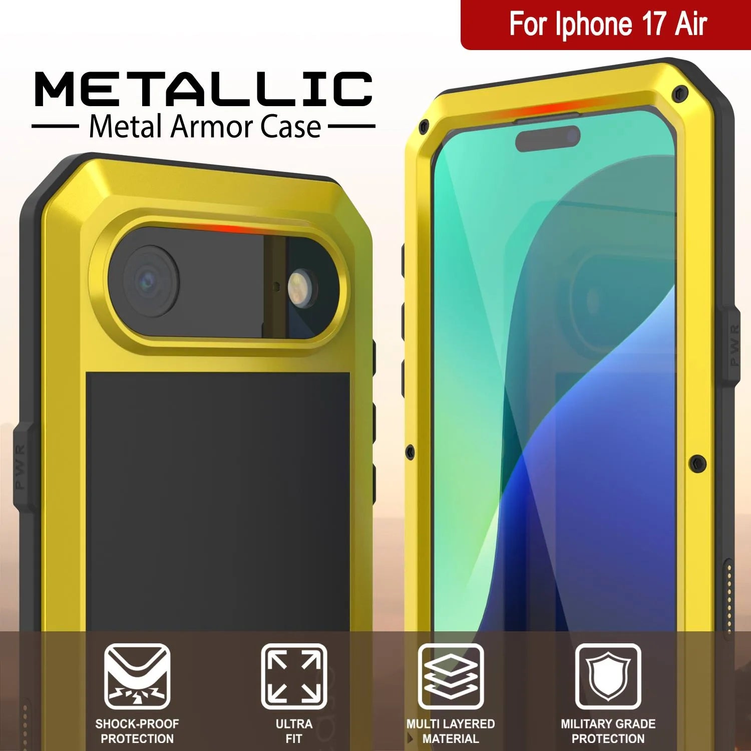 iPhone 17 Air Metal Case, Heavy Duty Military Grade Armor Cover [shock proof] Full Body Hard [Yellow]