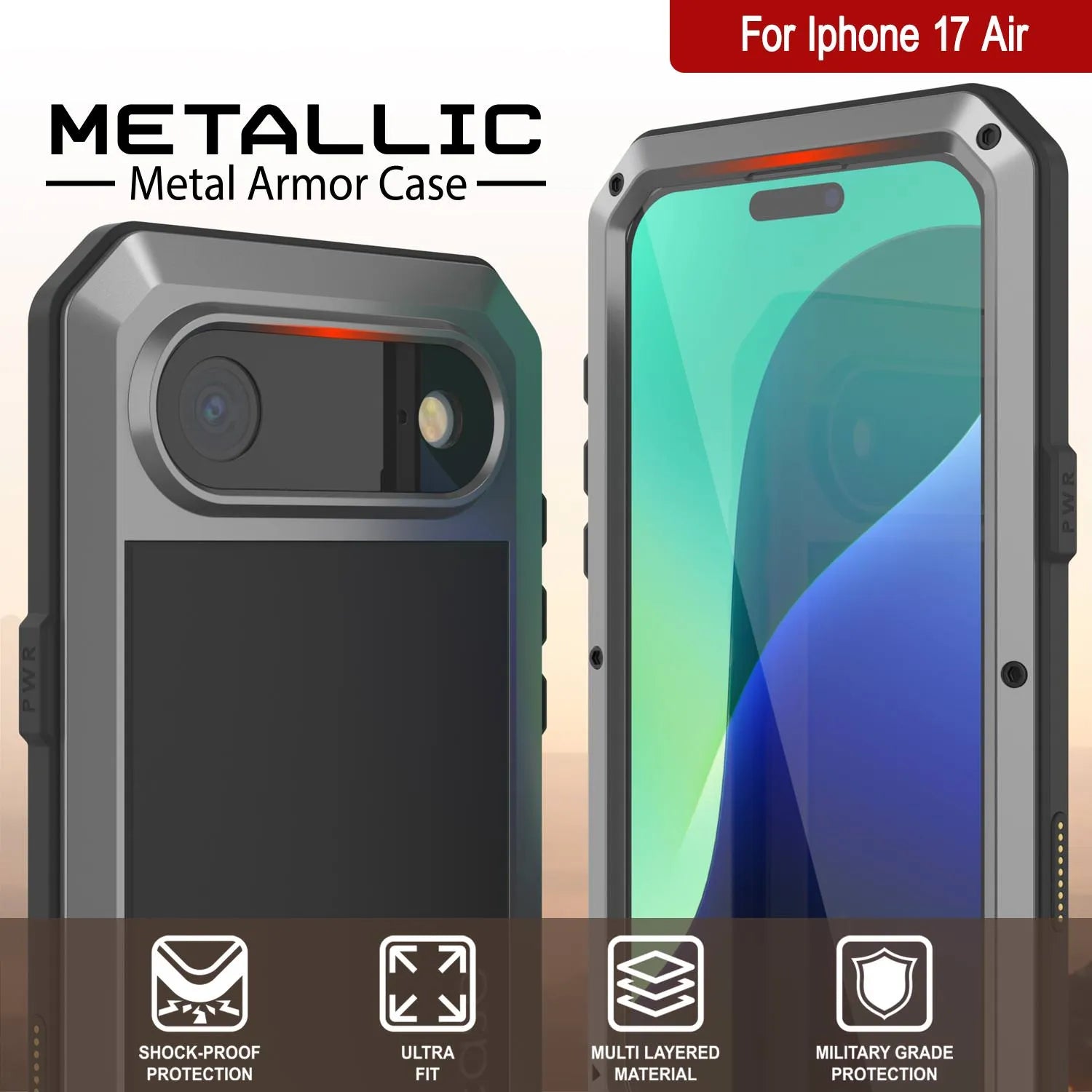 iPhone 17 Air Metal Case, Heavy Duty Military Grade Armor Cover [shock proof] Full Body Hard [Silver]