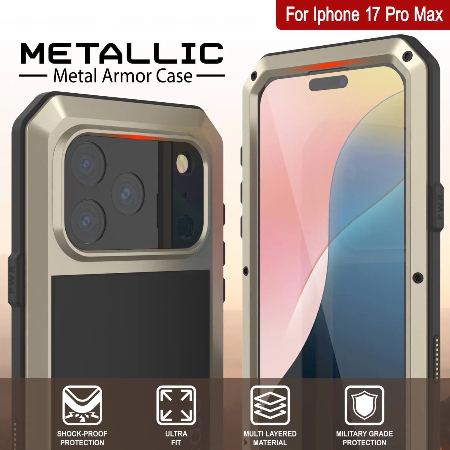 iPhone 17 Pro Max Metal Case, Heavy Duty Military Grade Armor Cover [shock proof] Full Body Hard [Gold]