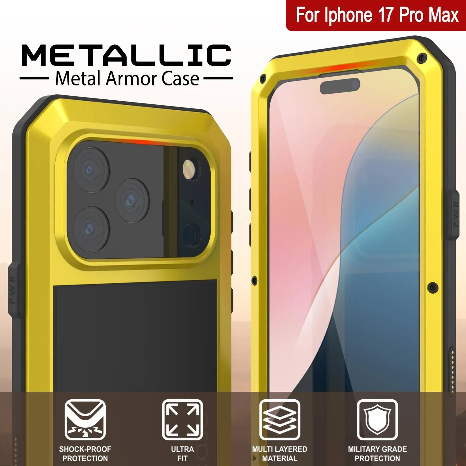 iPhone 17 Pro Max Metal Case, Heavy Duty Military Grade Armor Cover [shock proof] Full Body Hard [Yellow]