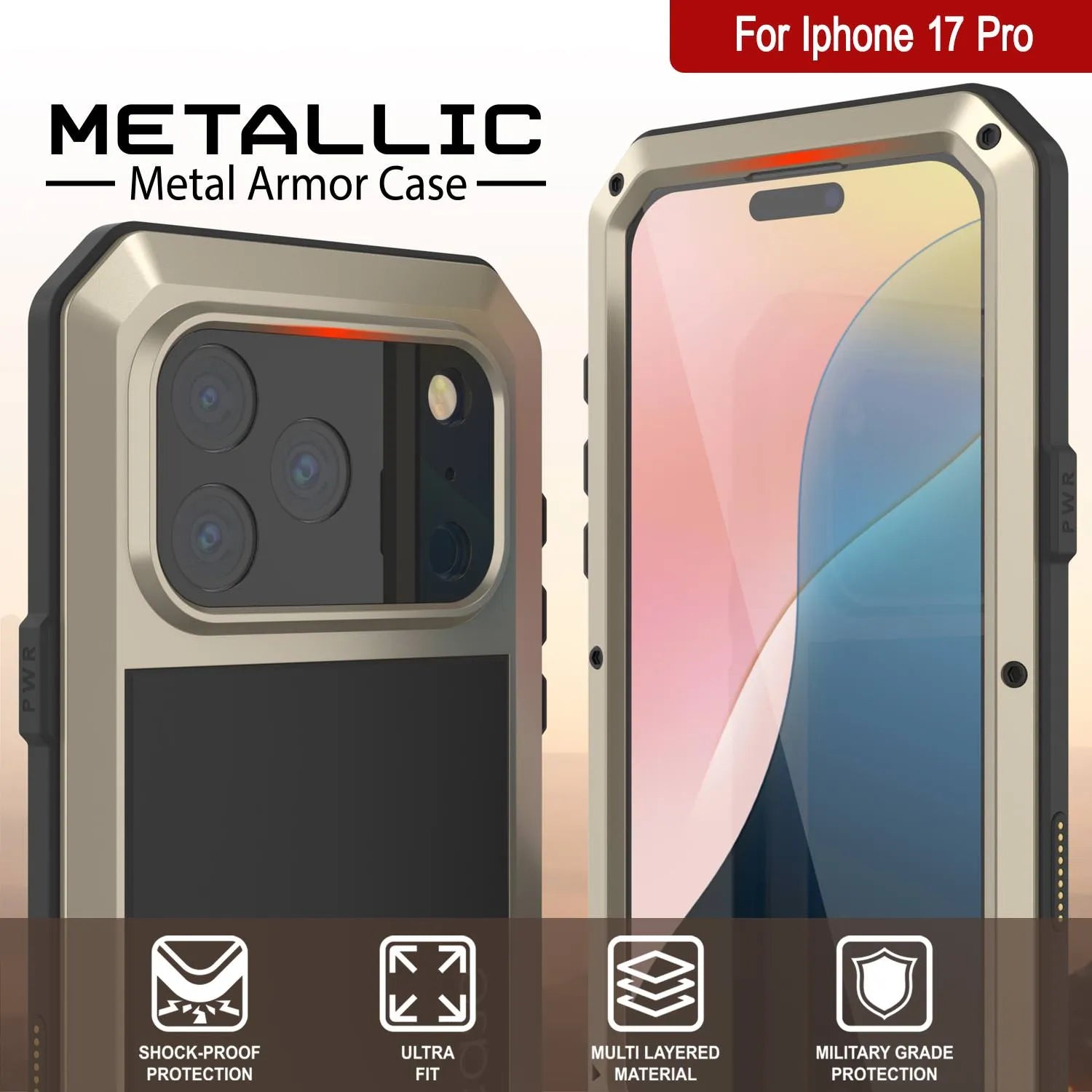 iPhone 17 Pro Metal Case, Heavy Duty Military Grade Armor Cover [shock proof] Full Body Hard [Gold]