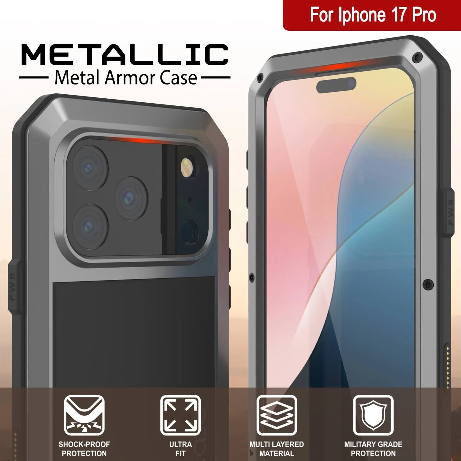 iPhone 17 Pro Metal Case, Heavy Duty Military Grade Armor Cover [shock proof] Full Body Hard [Silver]