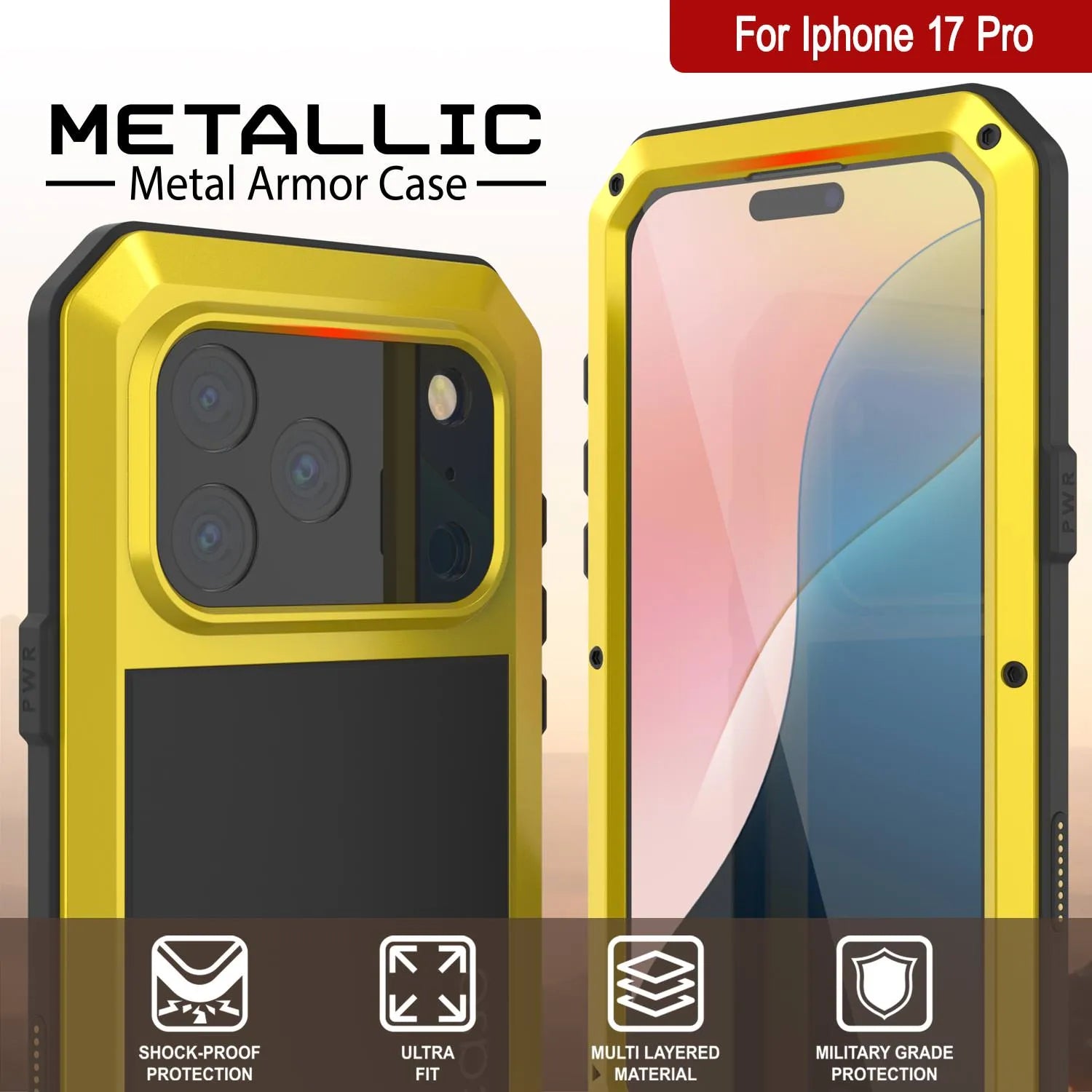 iPhone 17 Pro Metal Case, Heavy Duty Military Grade Armor Cover [shock proof] Full Body Hard [Yellow]