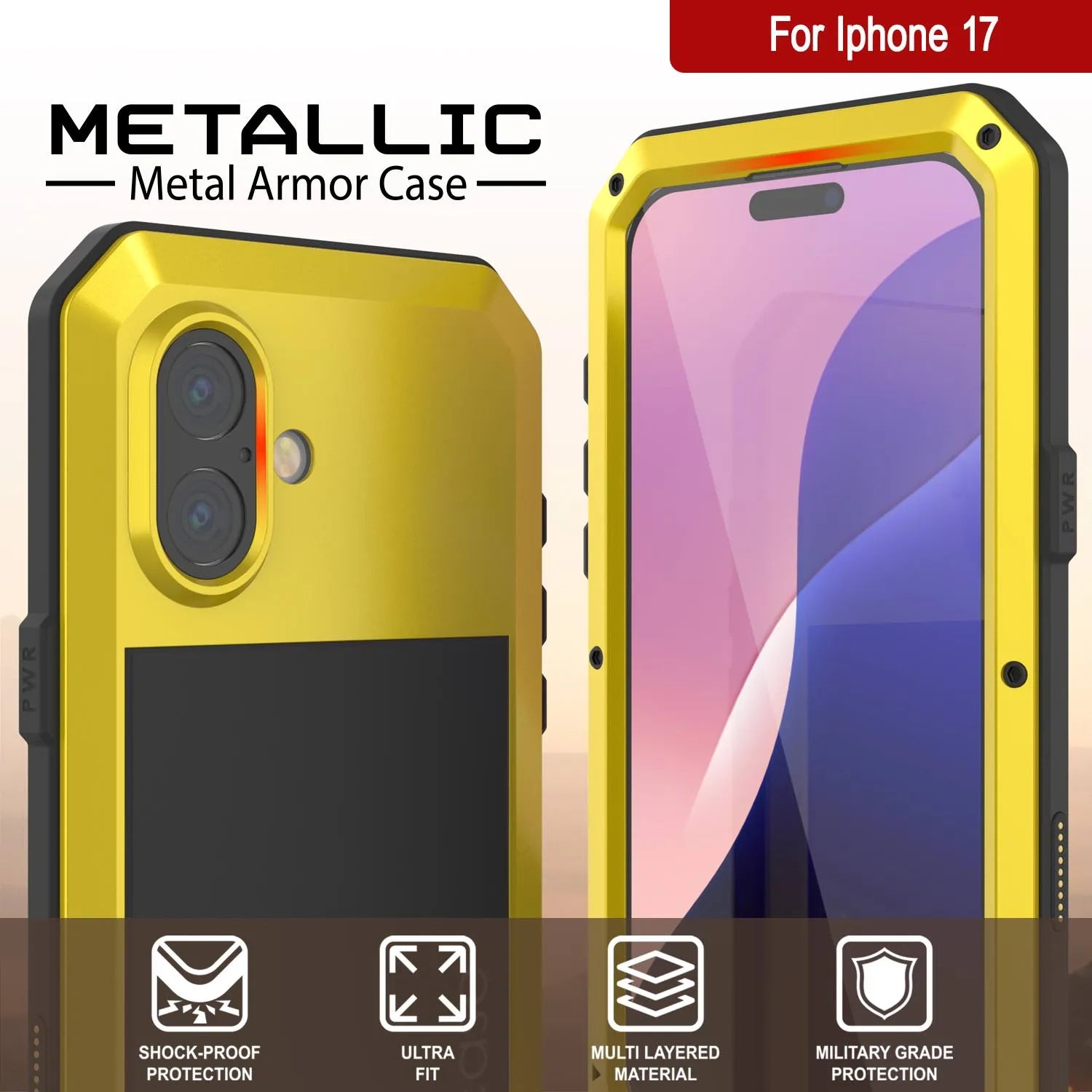 iPhone 17 Metal Case, Heavy Duty Military Grade Armor Cover [shock proof] Full Body Hard [Yellow]