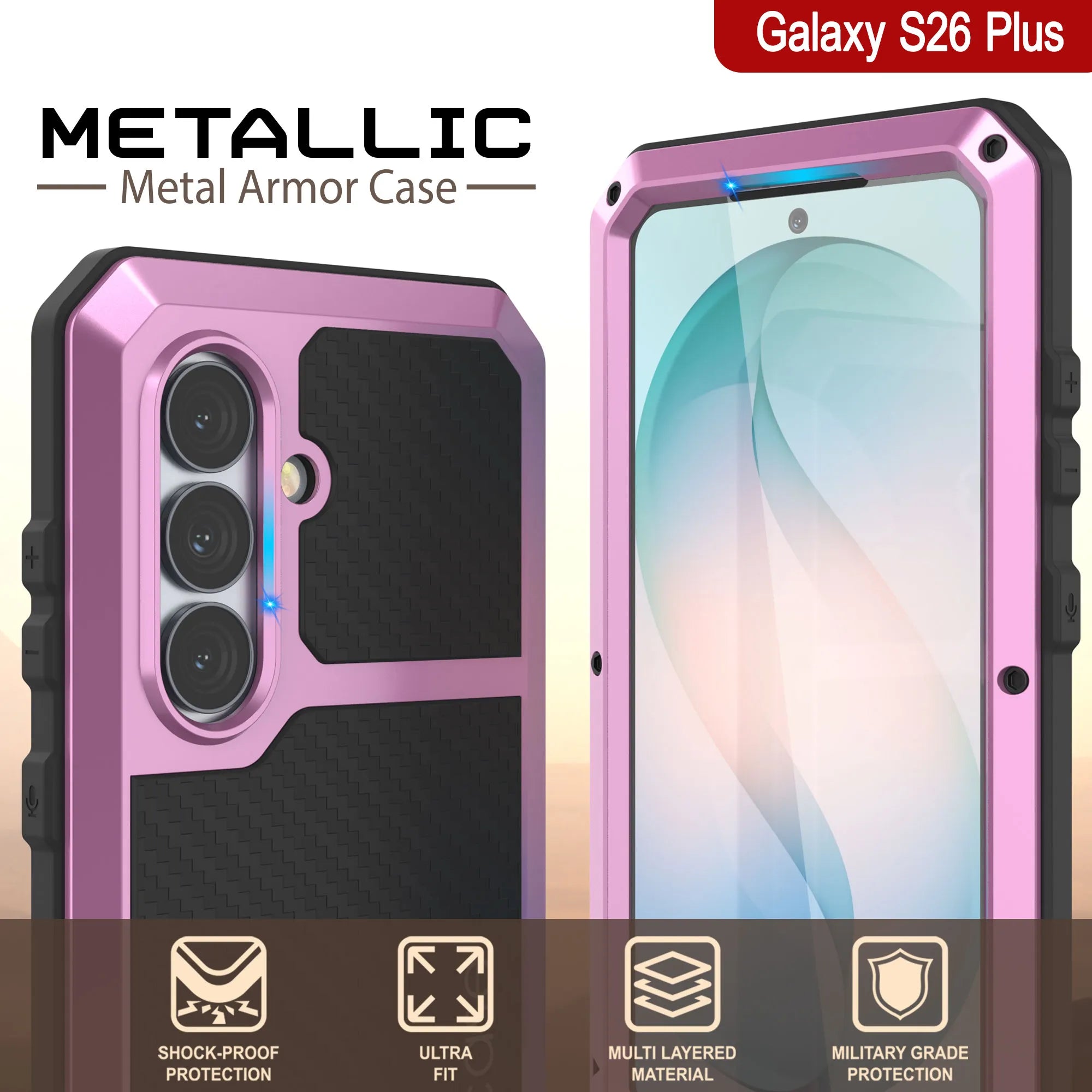 Galaxy S26 Plus Metal Case, Heavy Duty Military Grade Armor Cover [shock proof] Full Body Hard [Pink]