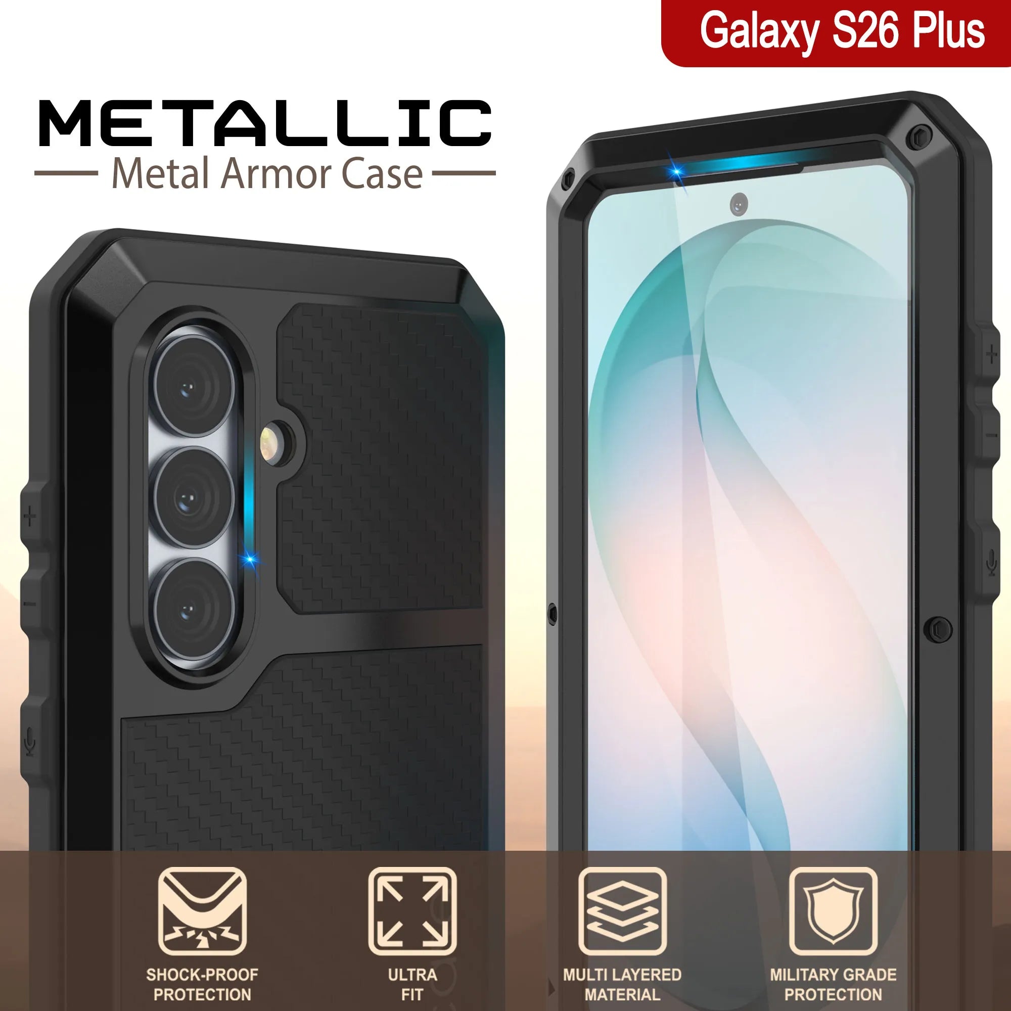 Galaxy S26 Plus Metal Case, Heavy Duty Military Grade Armor Cover [shock proof] Full Body Hard [Black]