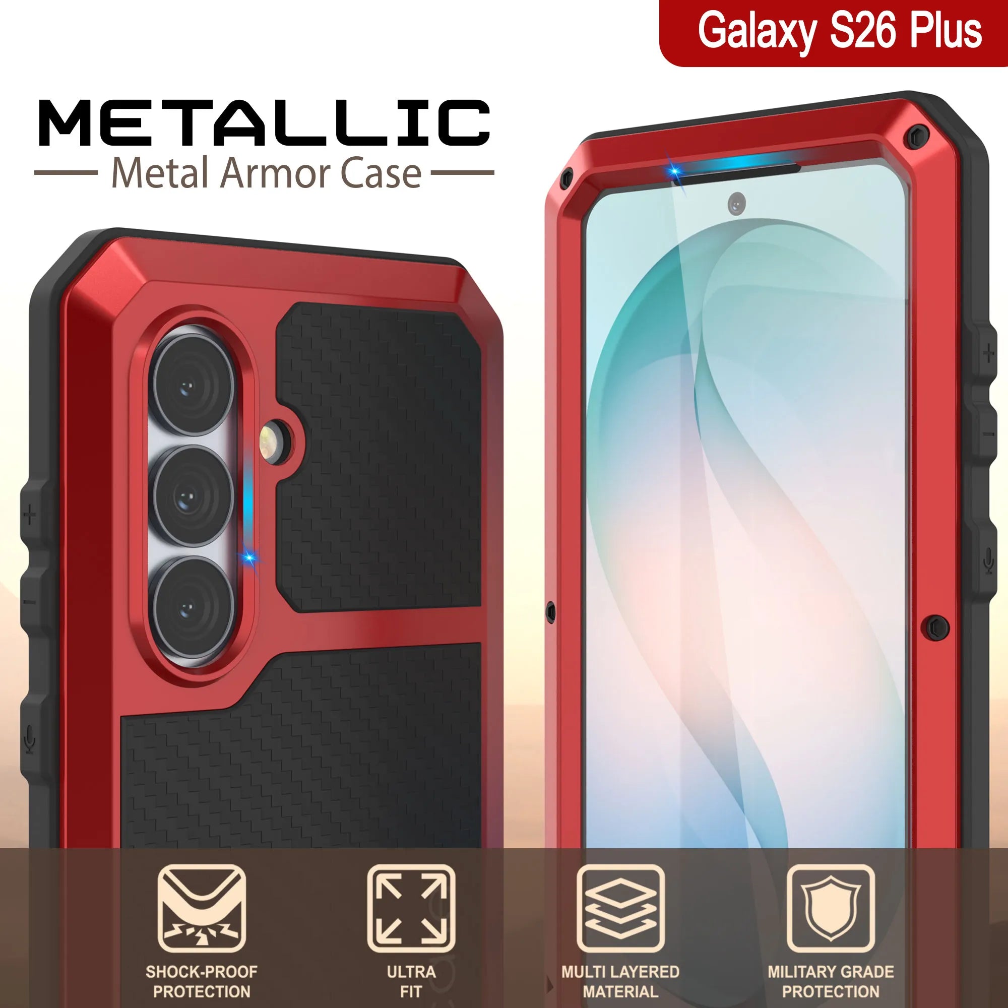 Galaxy S26 Plus Metal Case, Heavy Duty Military Grade Armor Cover [shock proof] Full Body Hard [Red]