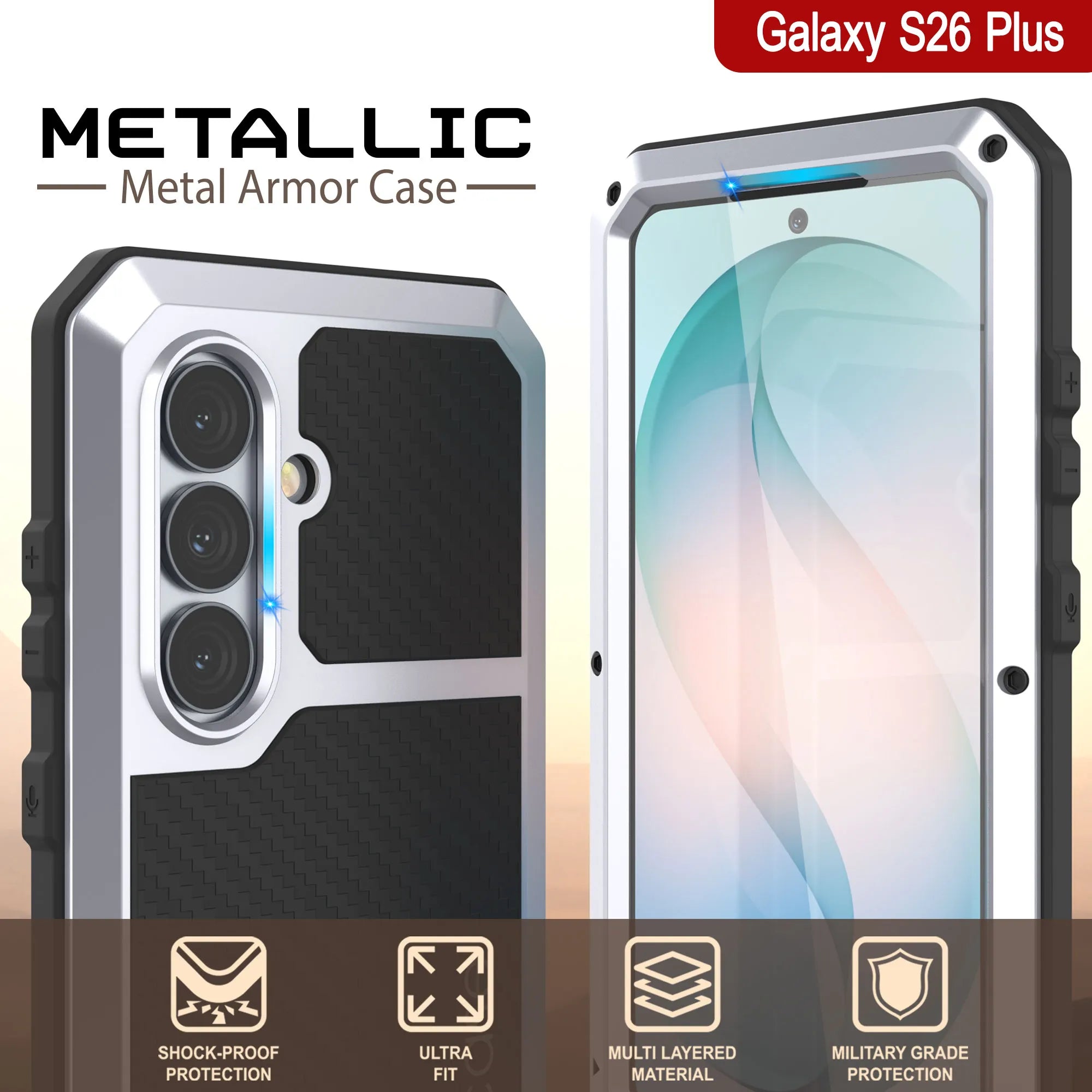 Galaxy S26 Plus Metal Case, Heavy Duty Military Grade Armor Cover [shock proof] Full Body Hard [White]